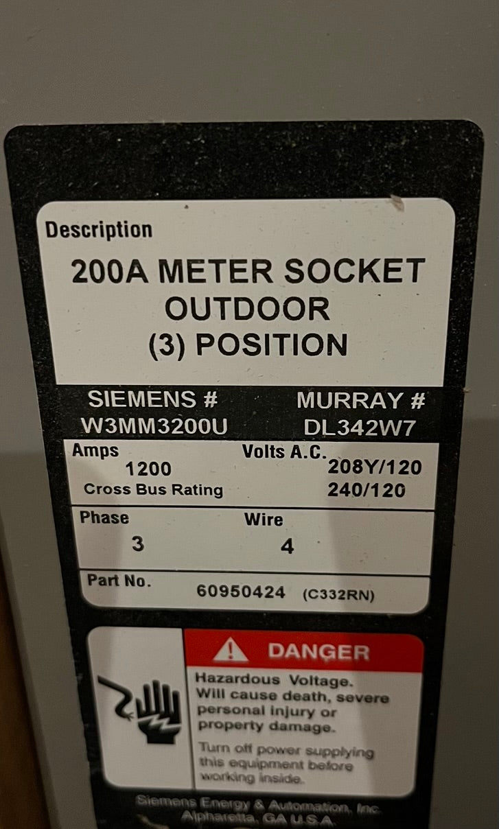Siemens W3MM3200U (Old Model # for WML33225RJ) 3 Gang 3 Phase In / 3 Phase Out 200A Socket Ringless Lever Bypass Meter Stack