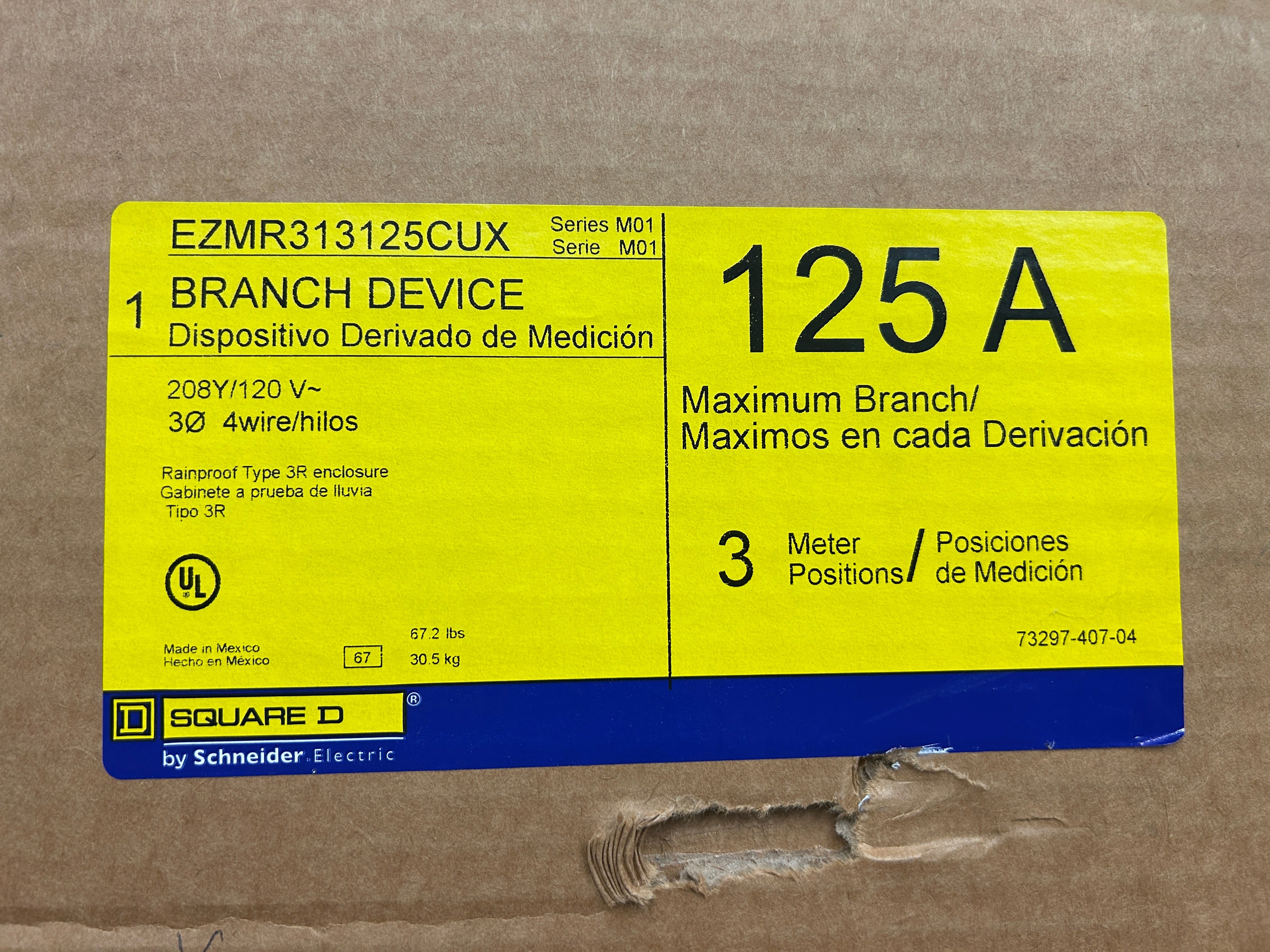 Square D EZMR313125CUX 3PH IN / 1PH Out 3 Gang 125A Ringless 1200A Bus Meter Stack