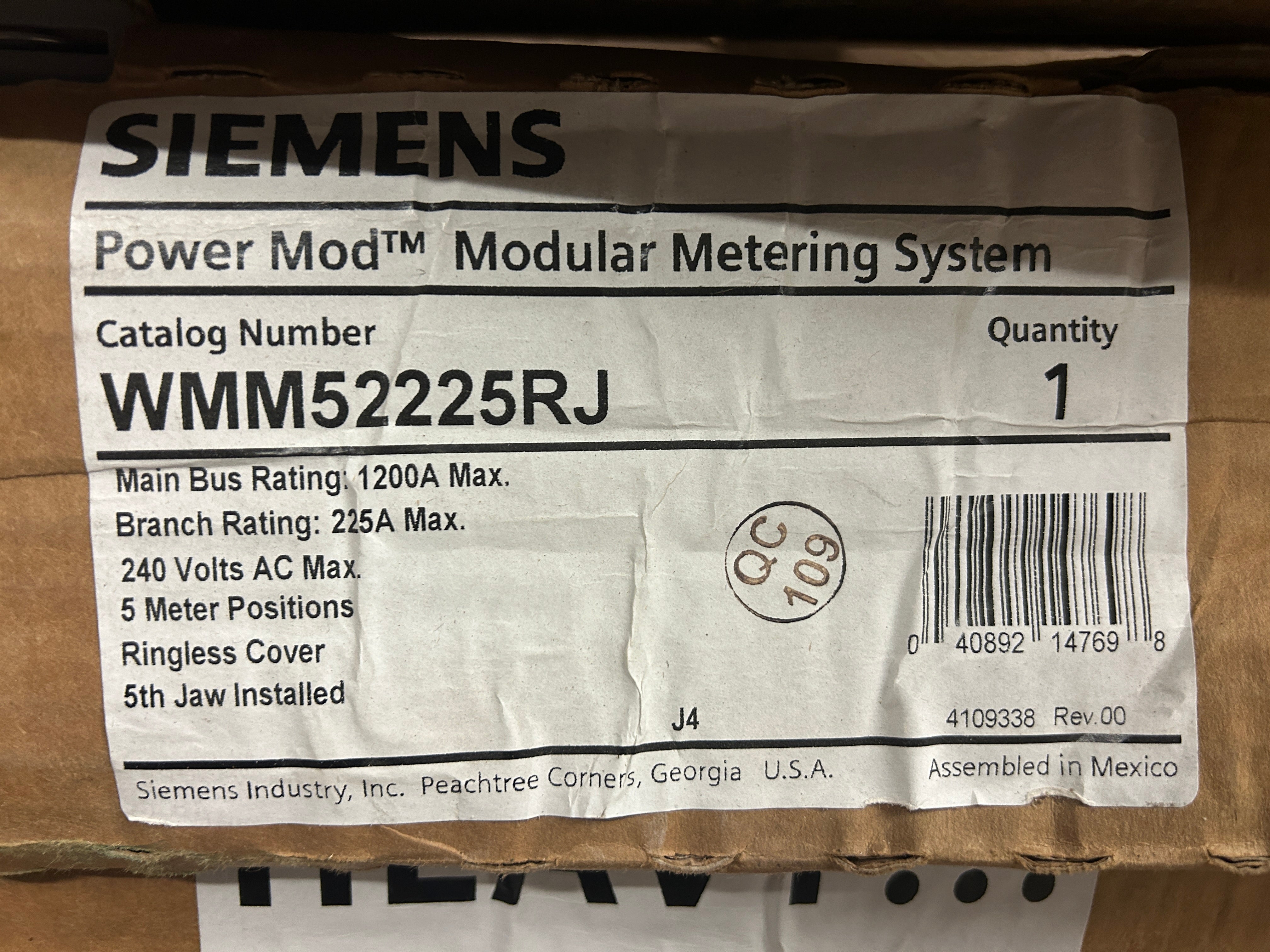 Siemens WMM52225RJ 3PH In / 1PH Out 5 Gang 225A Socket Ringless Horn Bypass 5 Jaw Meter Stack (Copy)