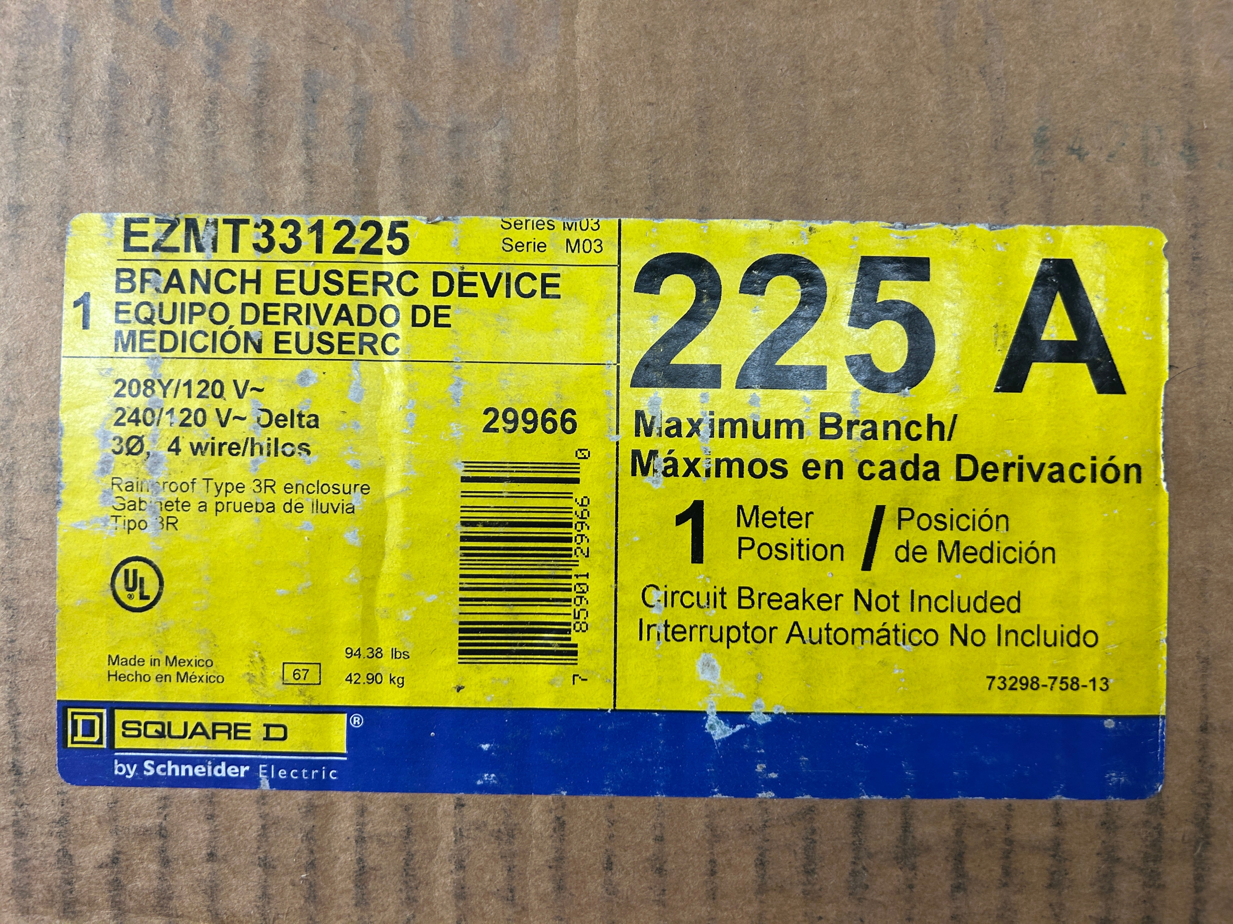 Square D EZMT331225 3PH In / 3PH Out 1 Gang Ring Type Test Block Bypass 225A Socket 1200A Copper Busbar Meter Stack
