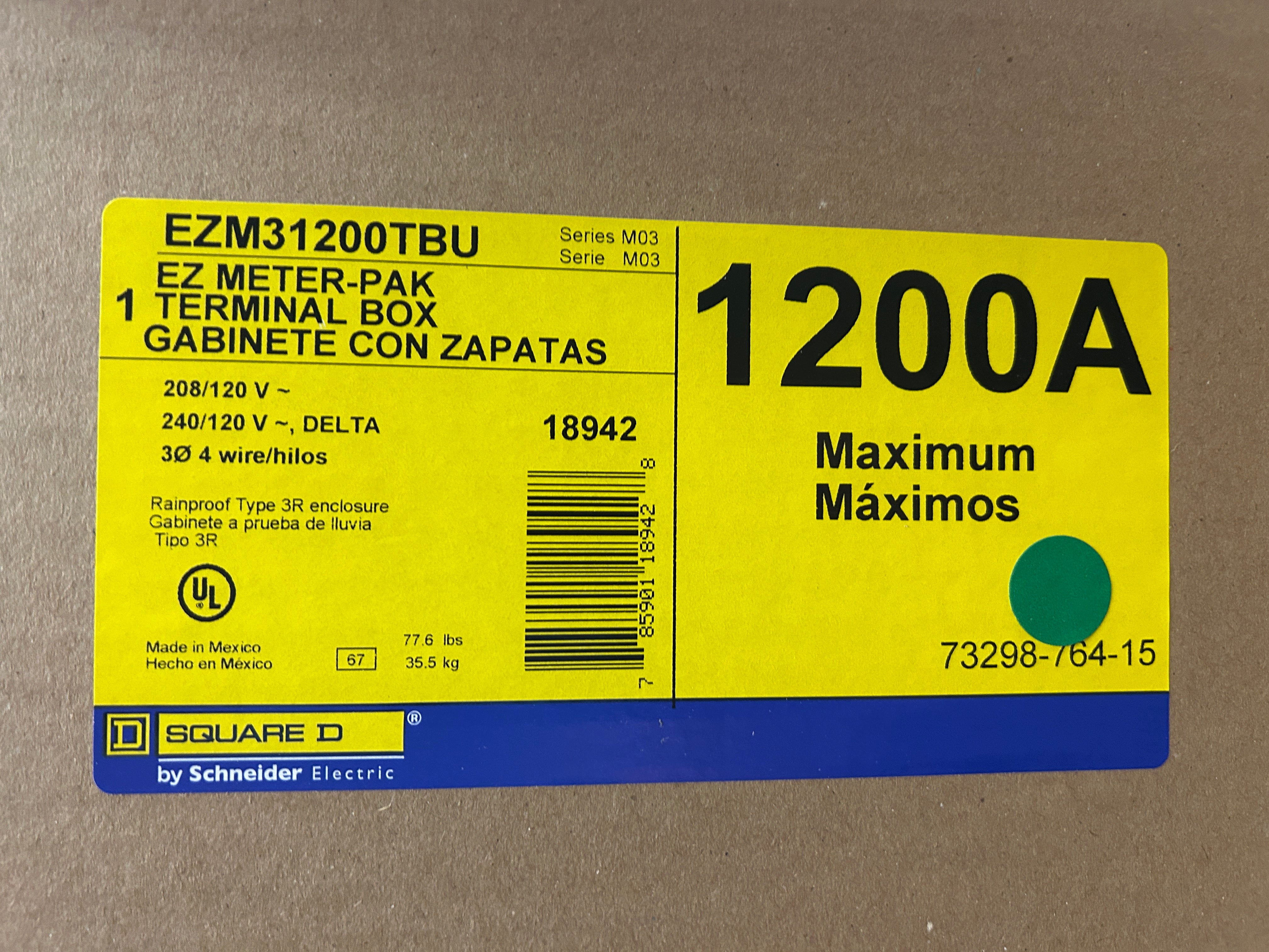 Square D EZM31200TBU 3 Phase 1200A EUSERC Rated Main Tap Box