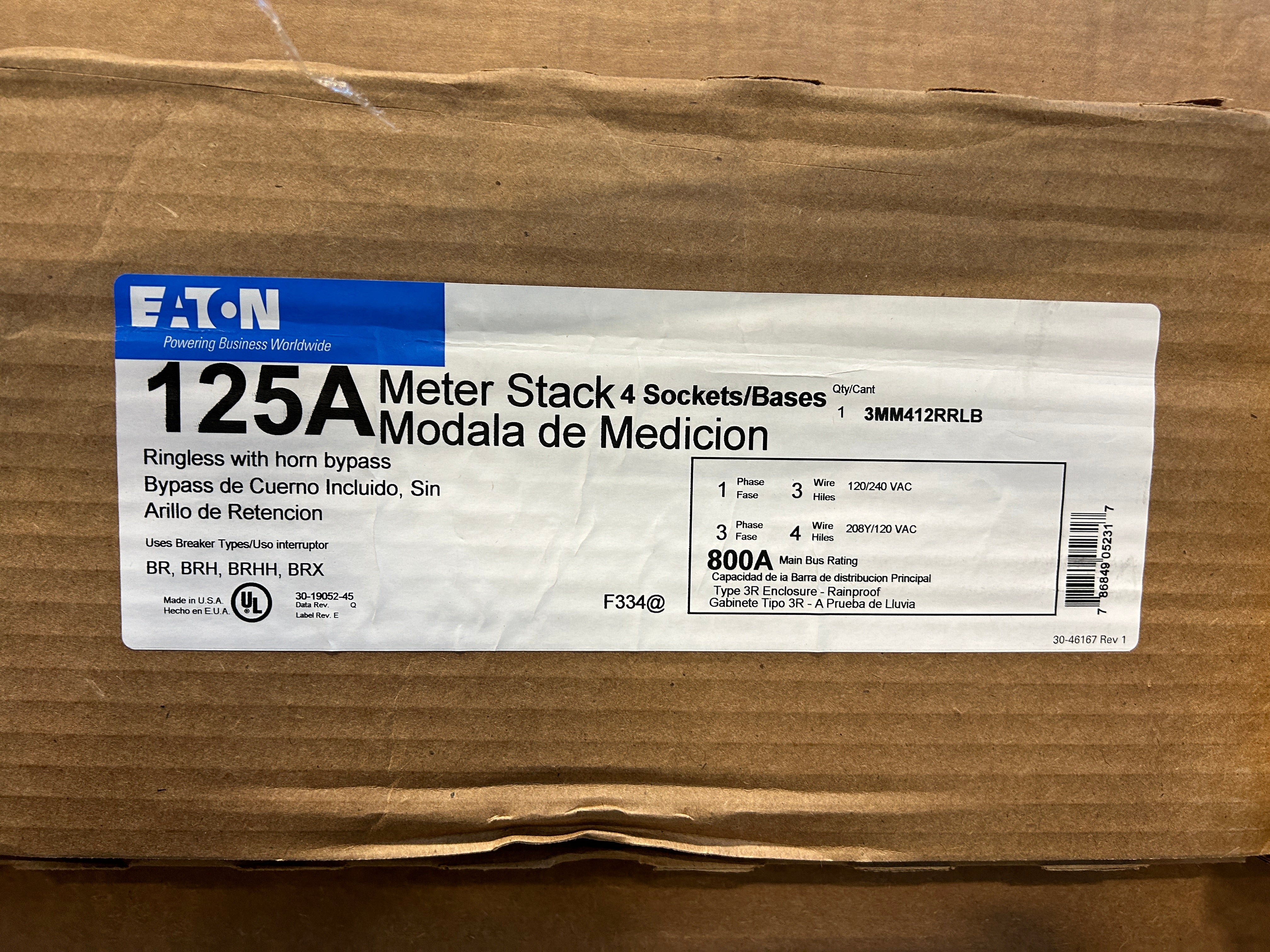 Eaton 3MM412RRLB 3PH In / 1PH Out 4 Gang 125A Socket Ringless Horn Bypass Meter Stack