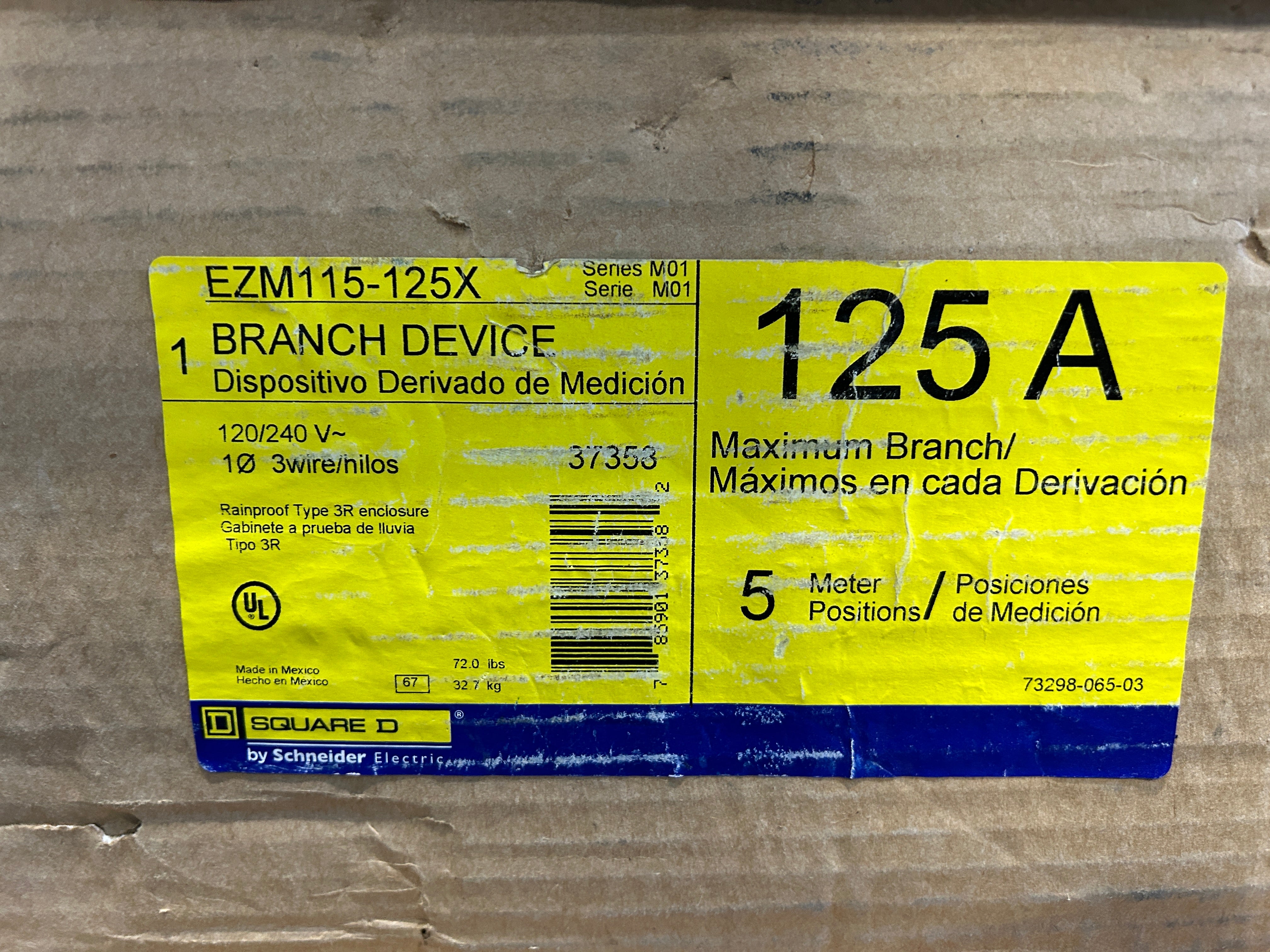 Square D EZM115125X 1PH In / 1PH Out 5 Gang Ringed Copper Busbar Meter Stack