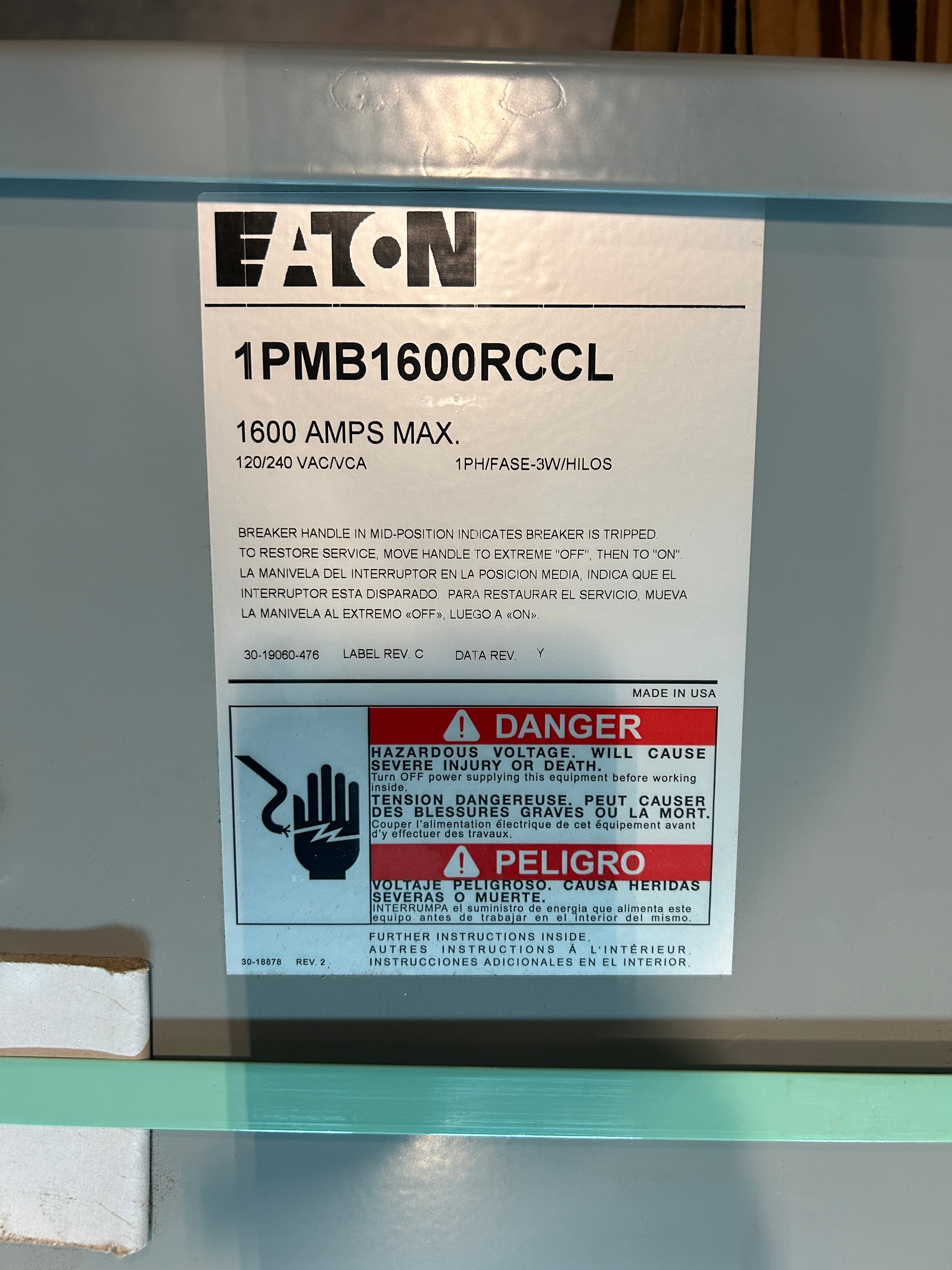 Eaton 1PMB1600RCCL Single Phase 1600A ARMS Maintenance Mode 100kAIC Main Disconnect