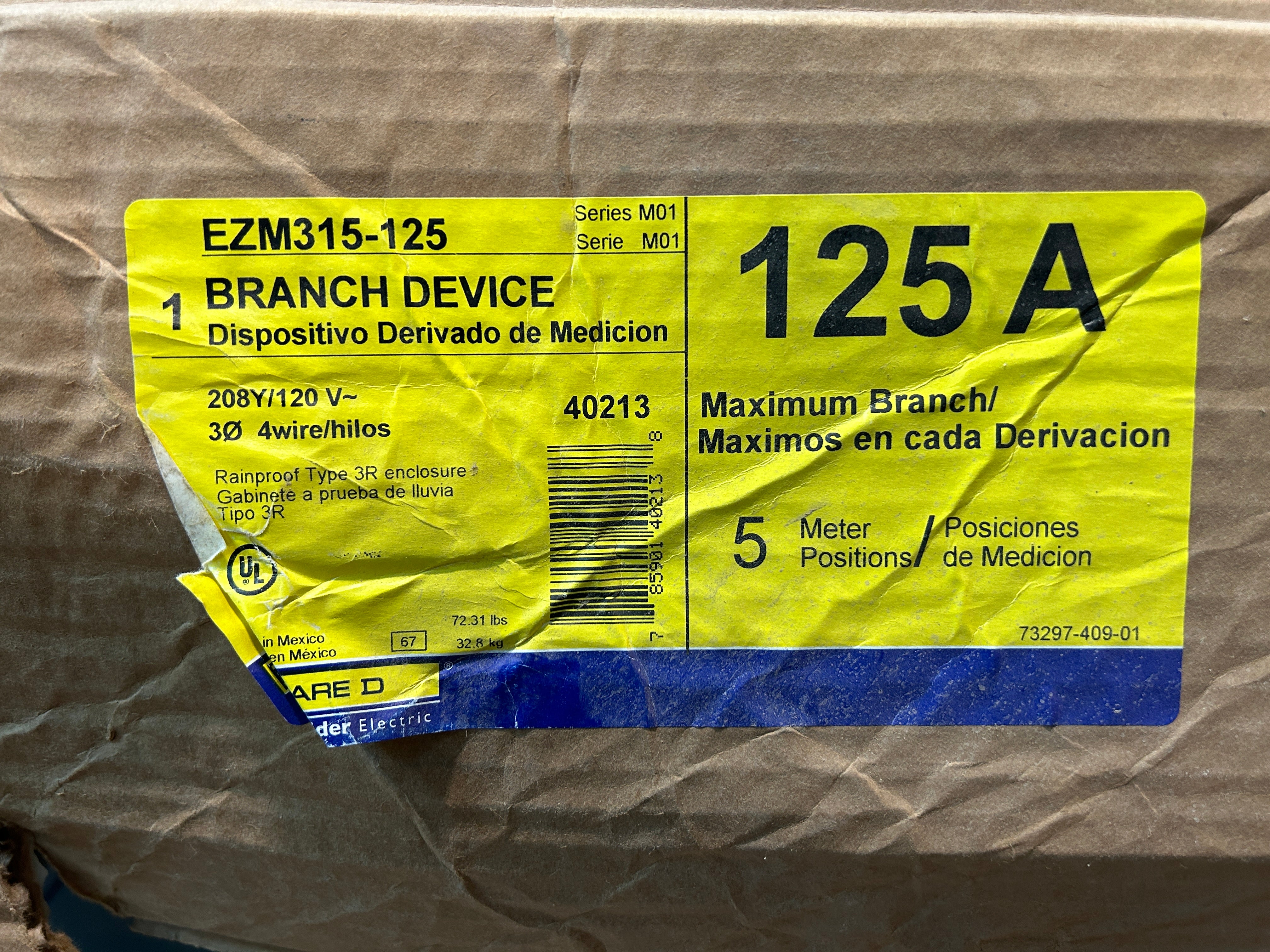 Square D EZM315125 3PH In / 1PH Out 5 Gang 125A Socket Ring Meter Stack