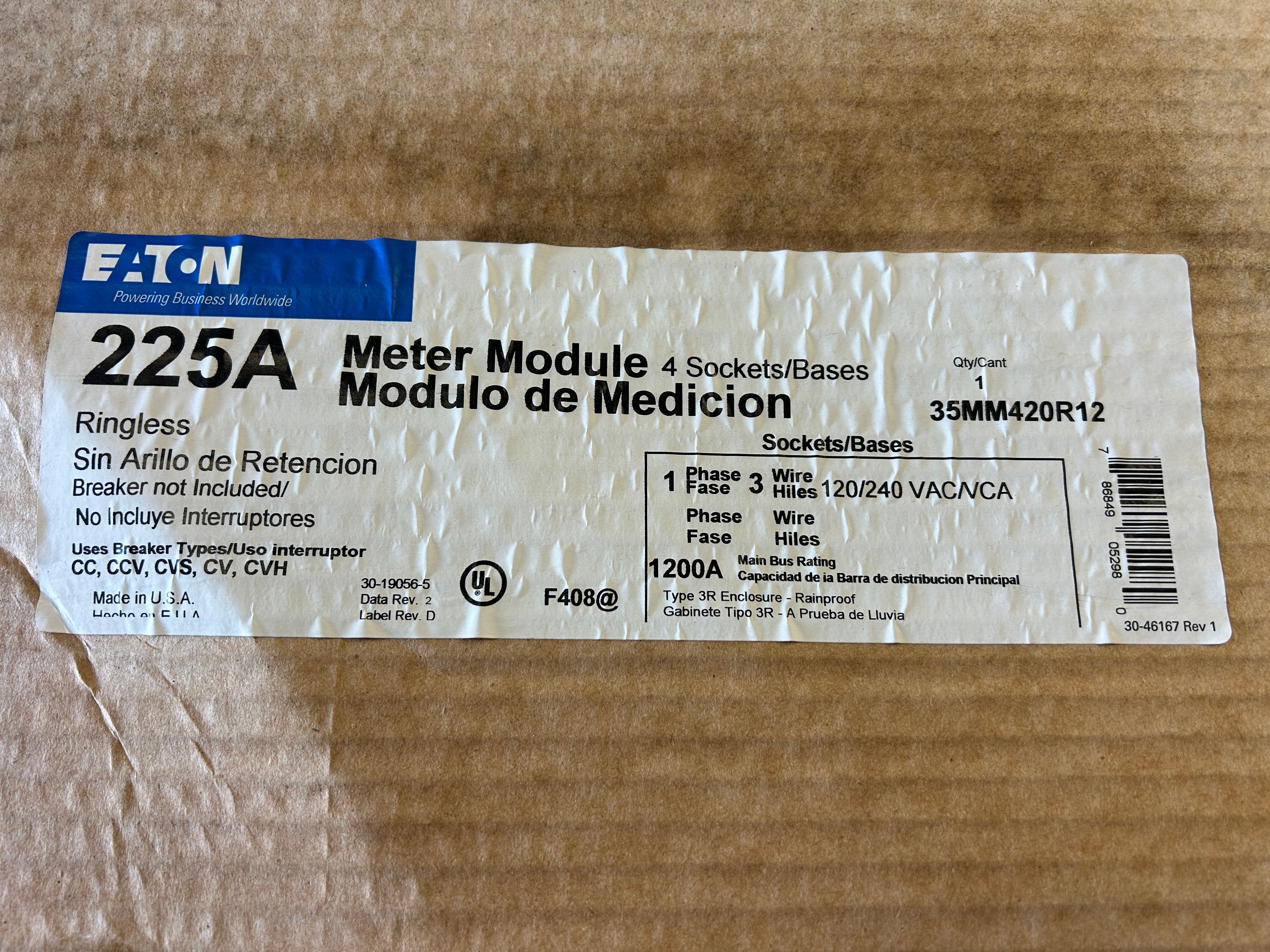 Eaton 35MM420R12 3PH In / 1PH Out 4 Gang 225A Socket Ringless Lever Bypass 1200A Bus Meter Stack