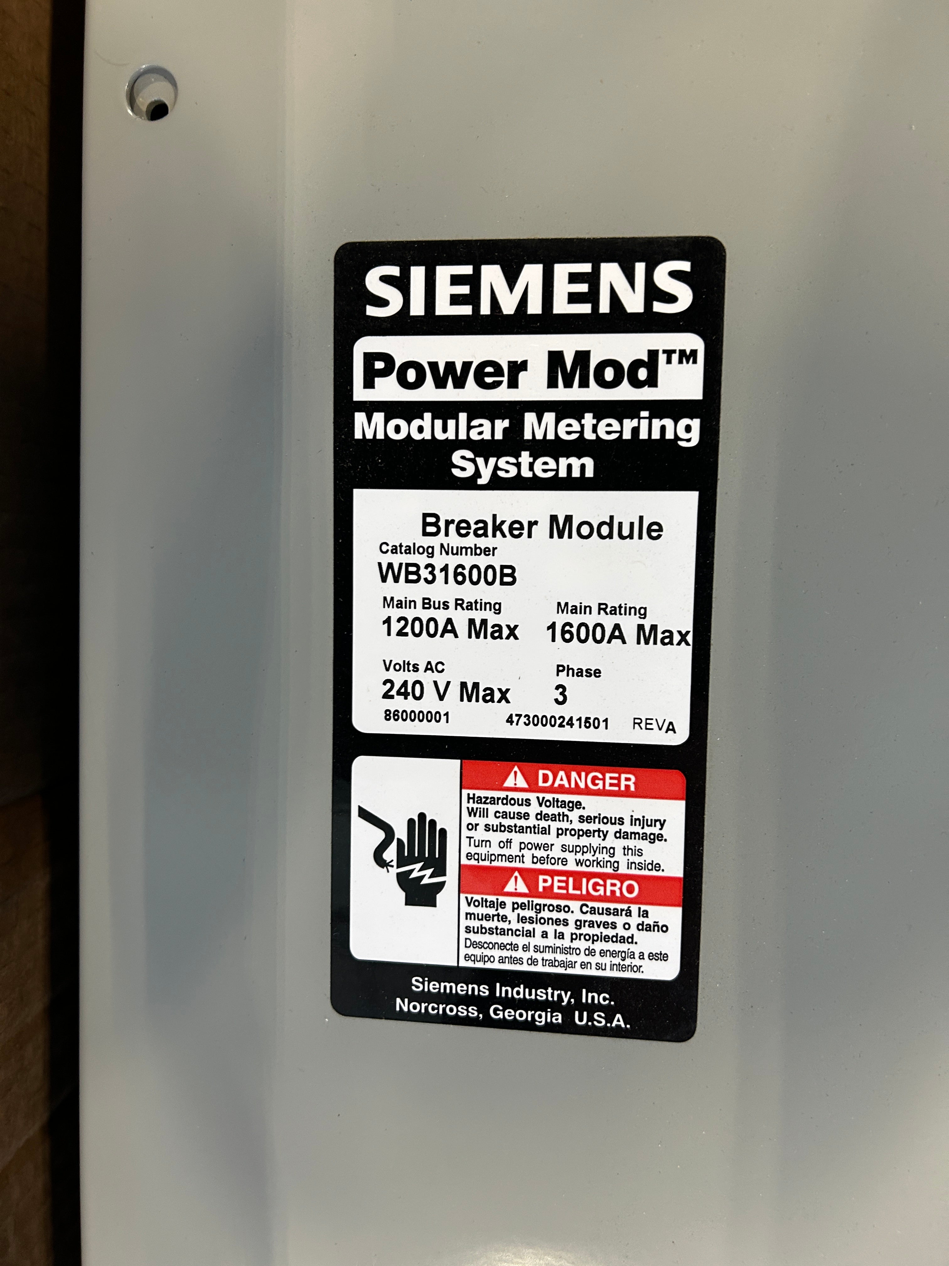 Siemens WB31600B 3 Phase 1600 Amp Main Disconnect