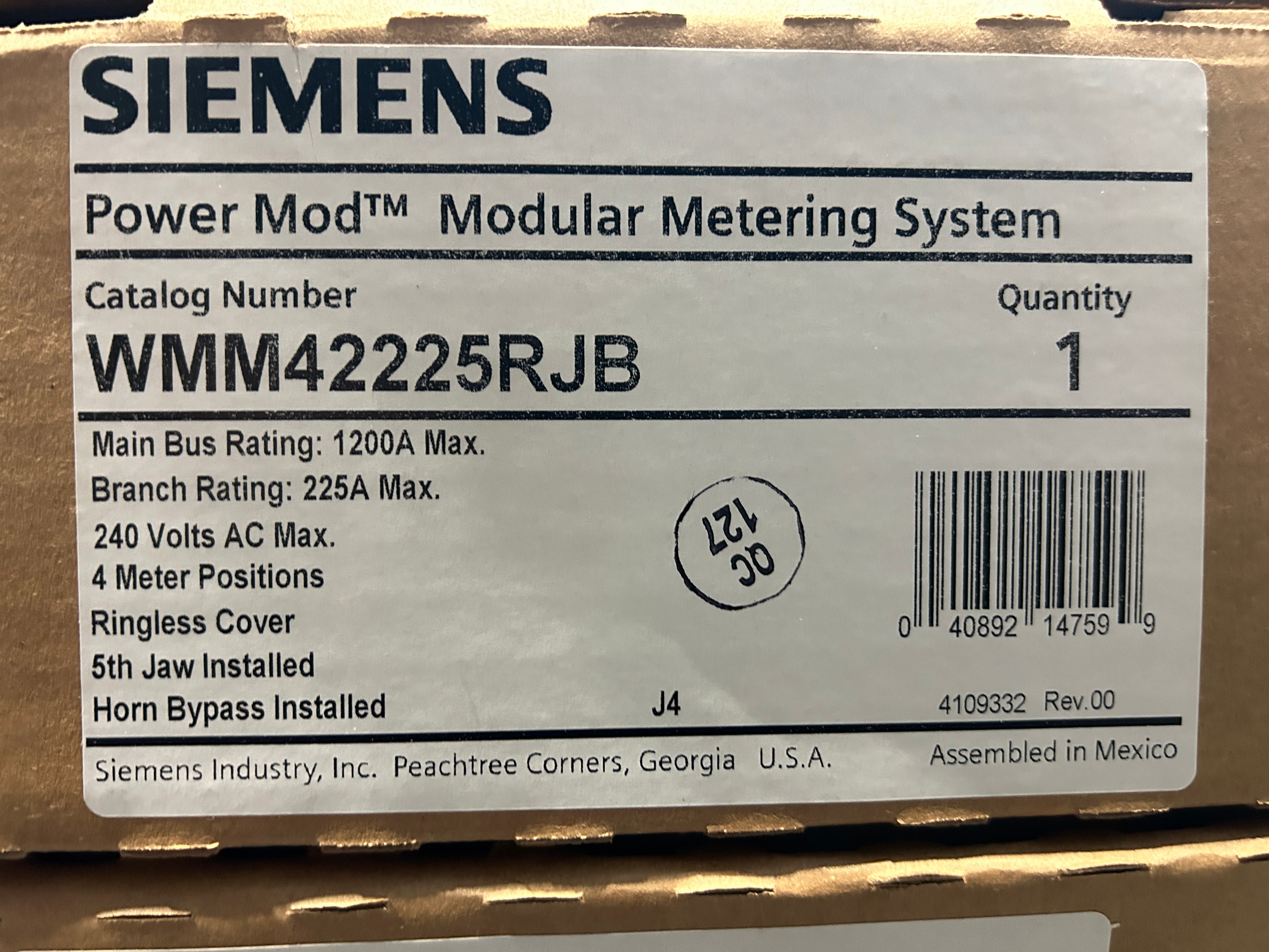 Siemens WMM42225RJB 3PH In / 1PH Out 4 Gang 225A Socket Ringless Horn Bypass 5 Jaw Meter Stack