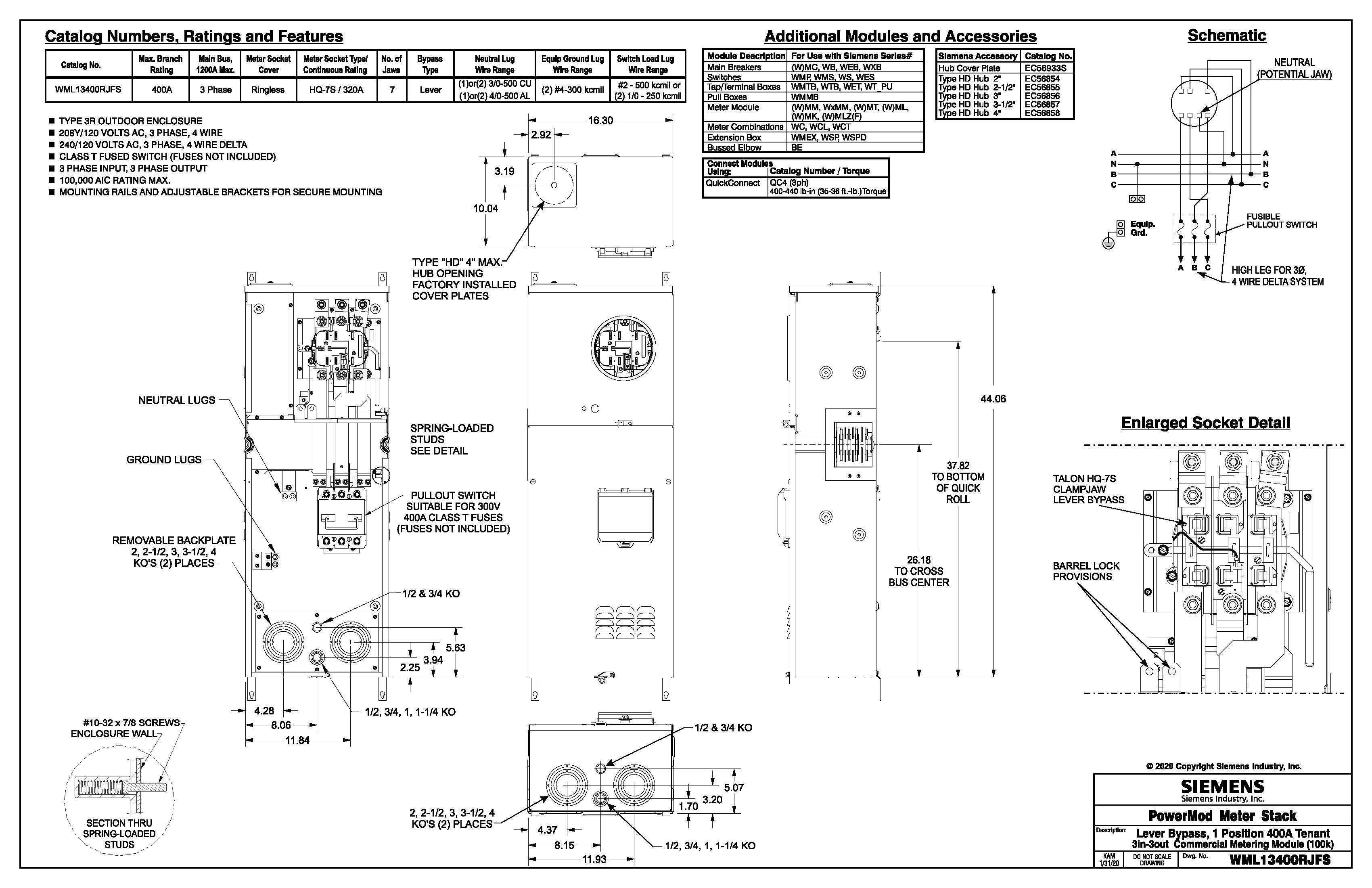Siemens WML13400RJFS 3PH In/Out Ringless Lever Bypass 400A Fused Meter Stack