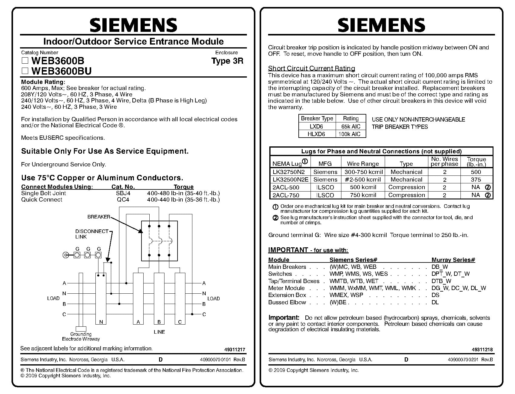 Siemens WEB3600B 3 Phase 600 Amp EUSERC Main Circuit Breaker Disconnect