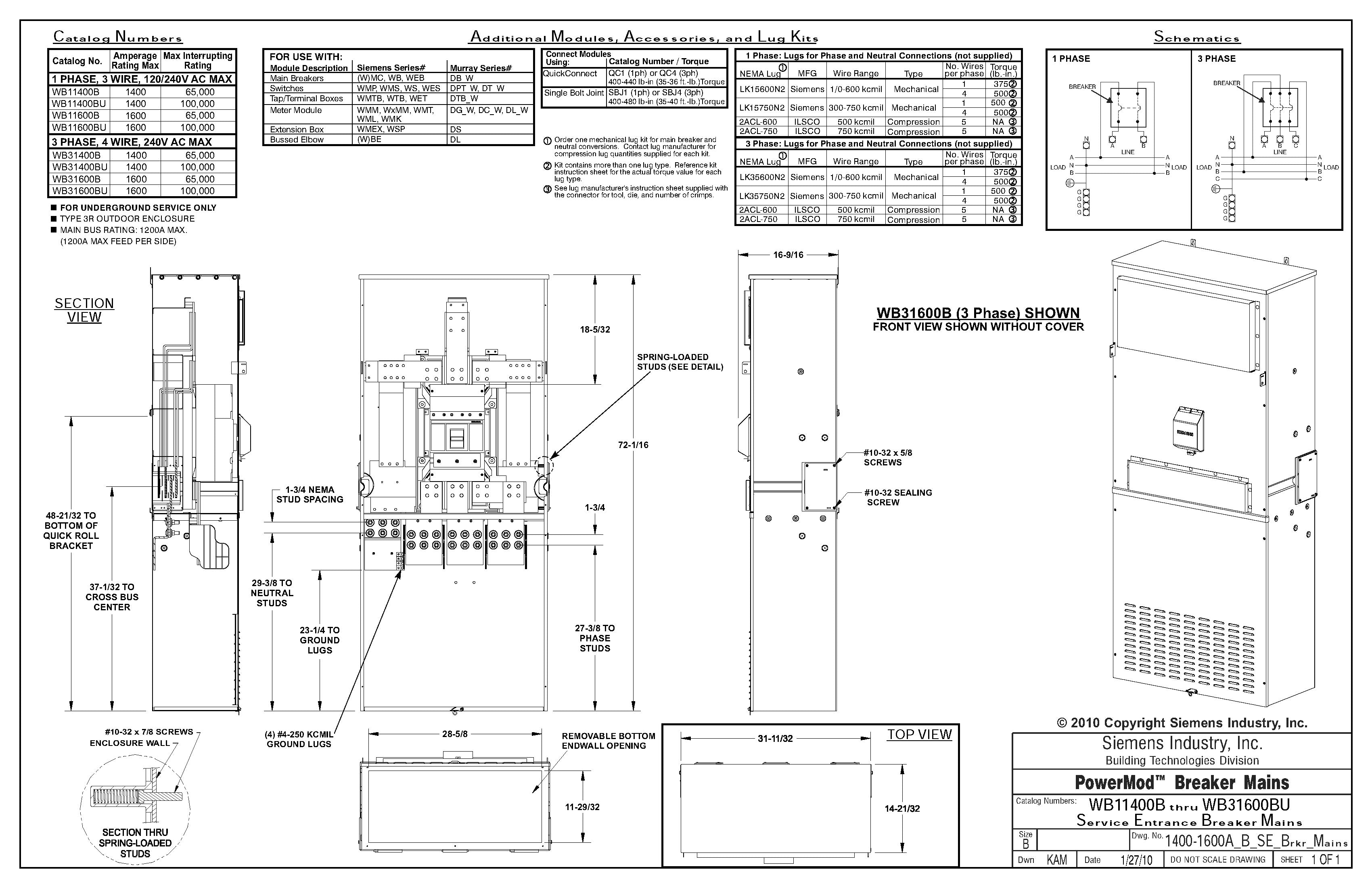 Siemens WB31600B 3 Phase 1600 Amp Main Disconnect