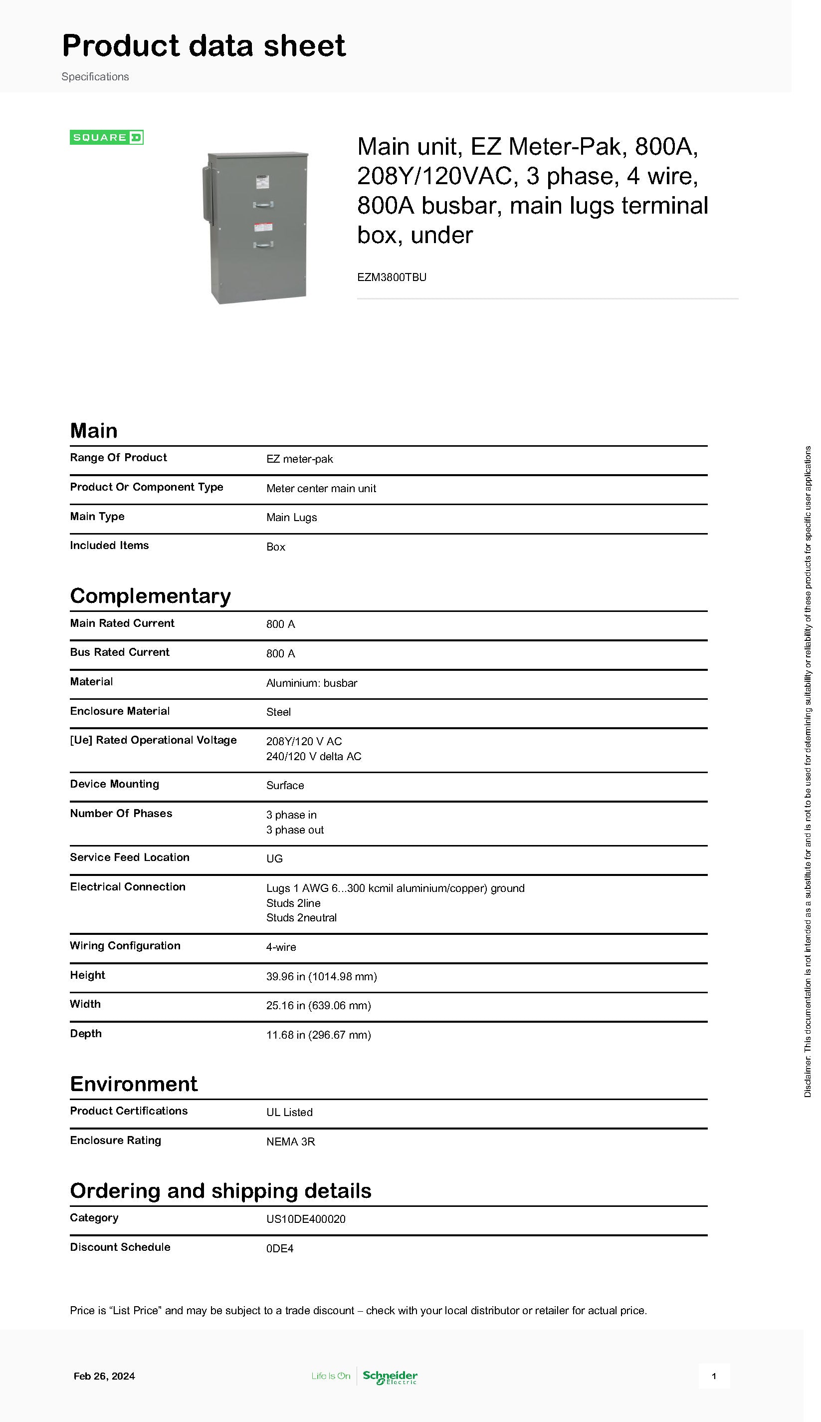 Square D EZM3800TBU 3 Phase 800A EUSERC Rated Main Tap Box