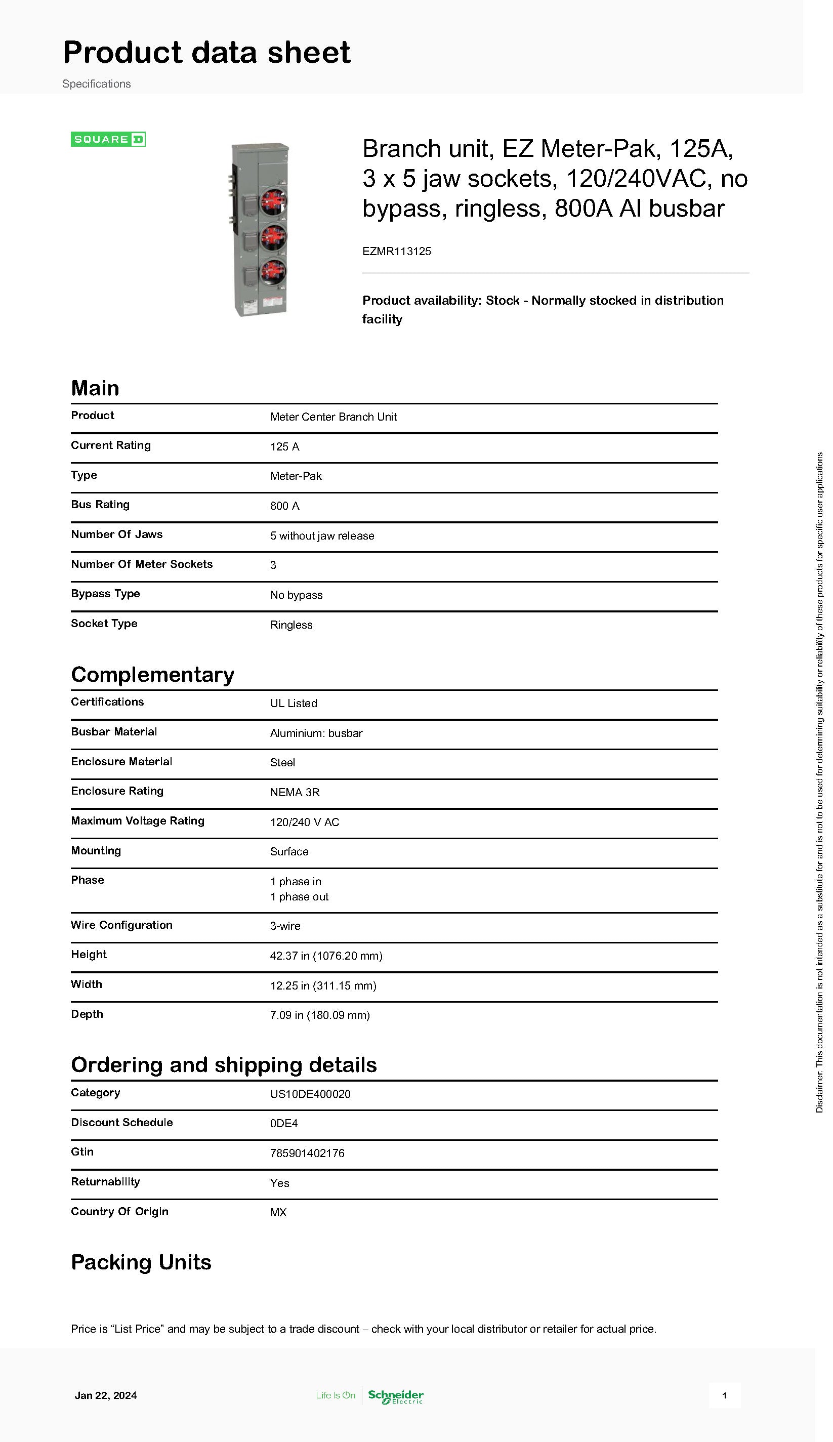 Square D EZMR113125 1PH In / 1PH Out 3 Gang 125A Socket Ringless Meter Stack