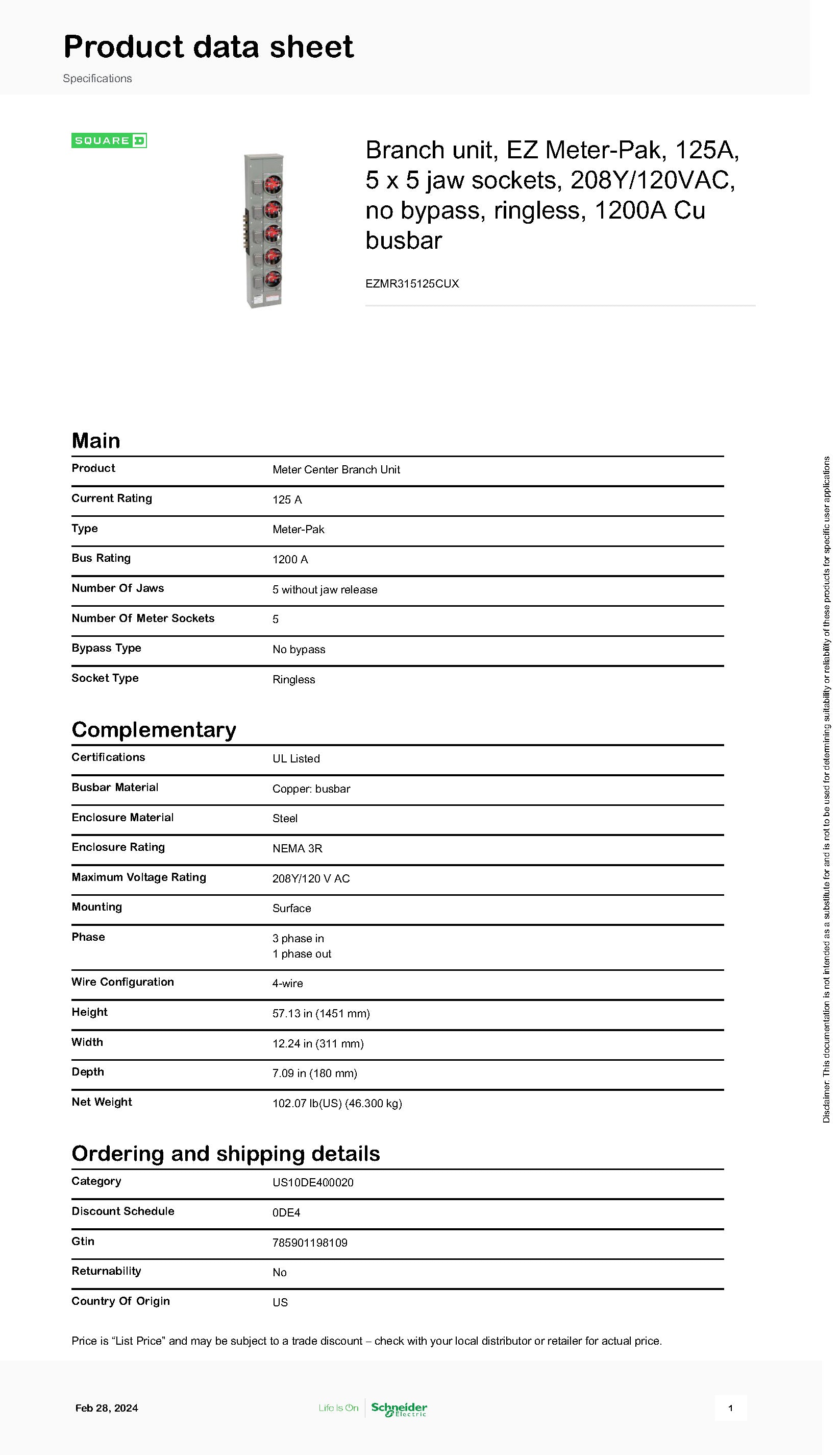 Square D EZMR315125CUX 3PH In / 1PH Out 5 Gang 125A Socket 1200A Copper Busbar Ringless Meter Stack