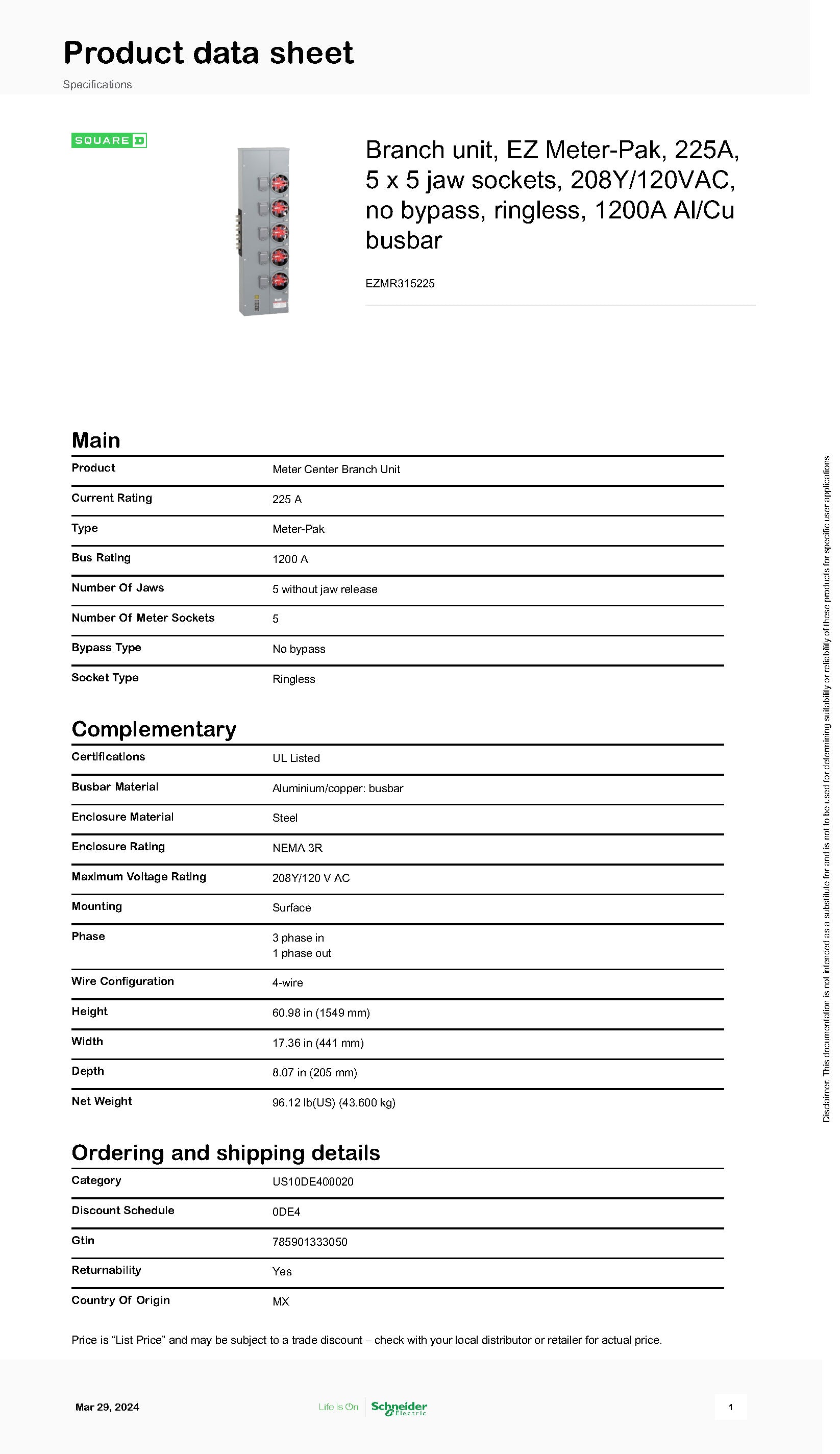 Square D EZMR315225 3PH In / 1PH Out 5-Gang 225A Socket Ringless Meter Stack