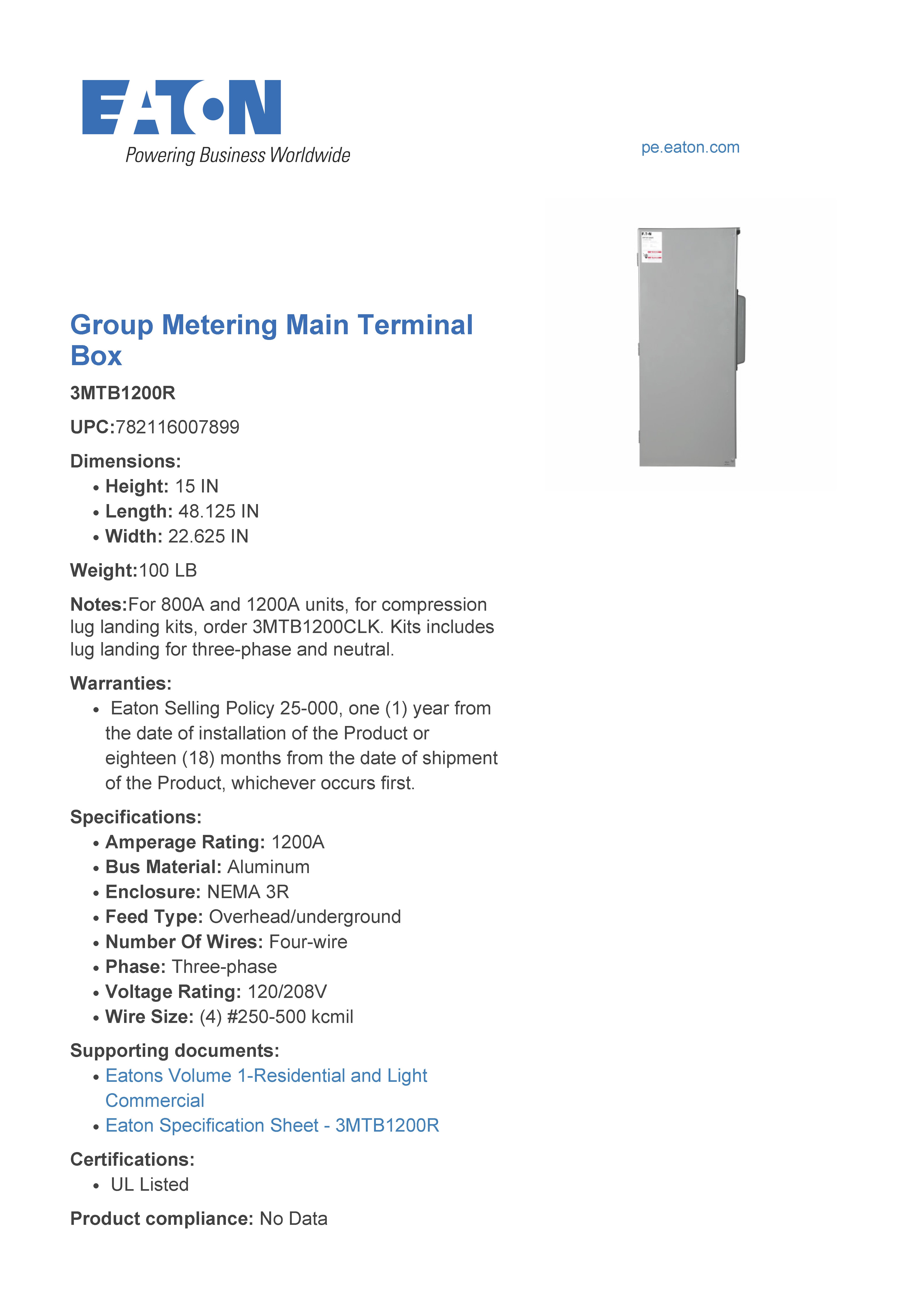 Eaton 3MTB1200R 1200A Three Phase Main Tap Box