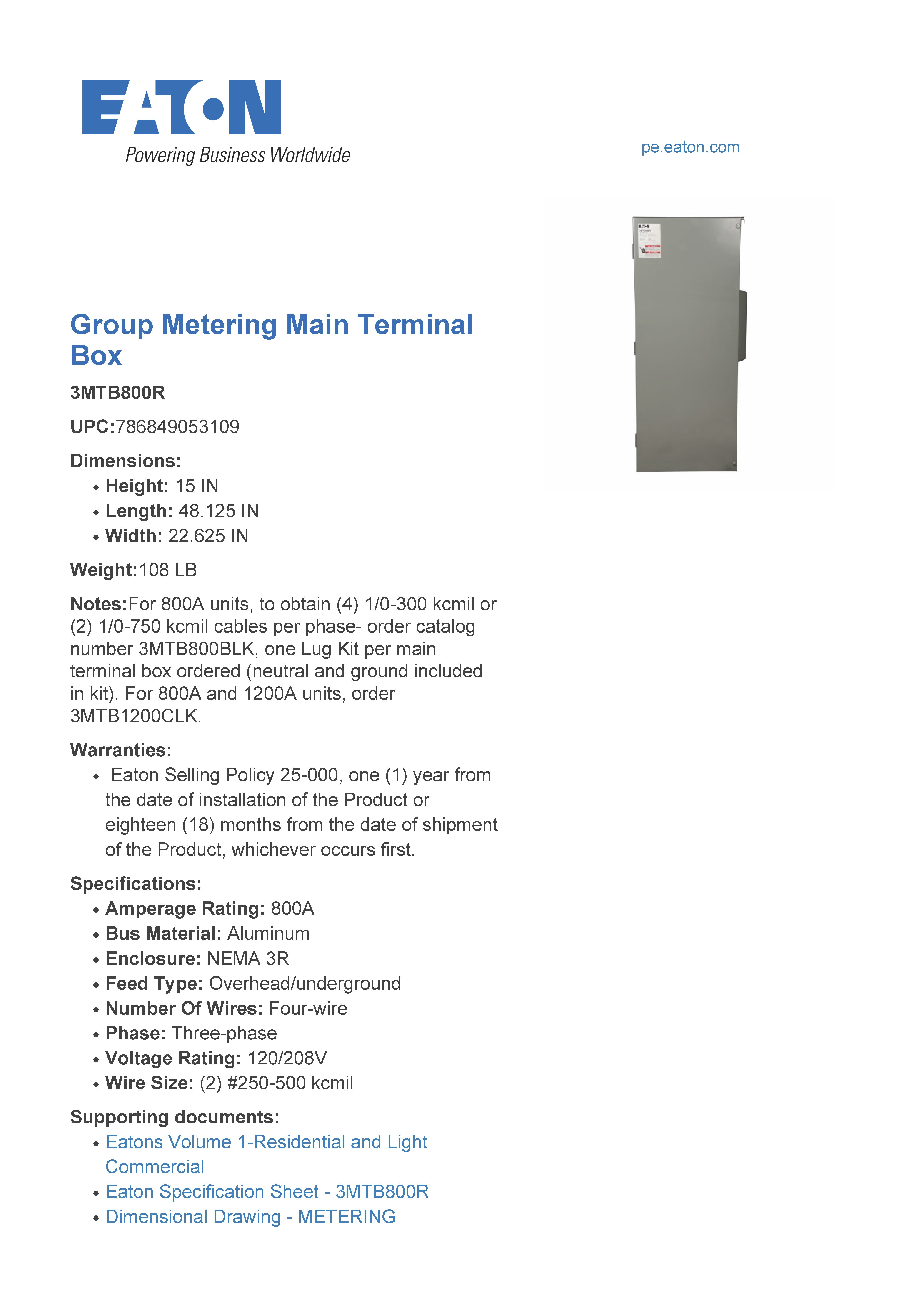 Eaton 3MTB800R 800A Three Phase Main Tap Box