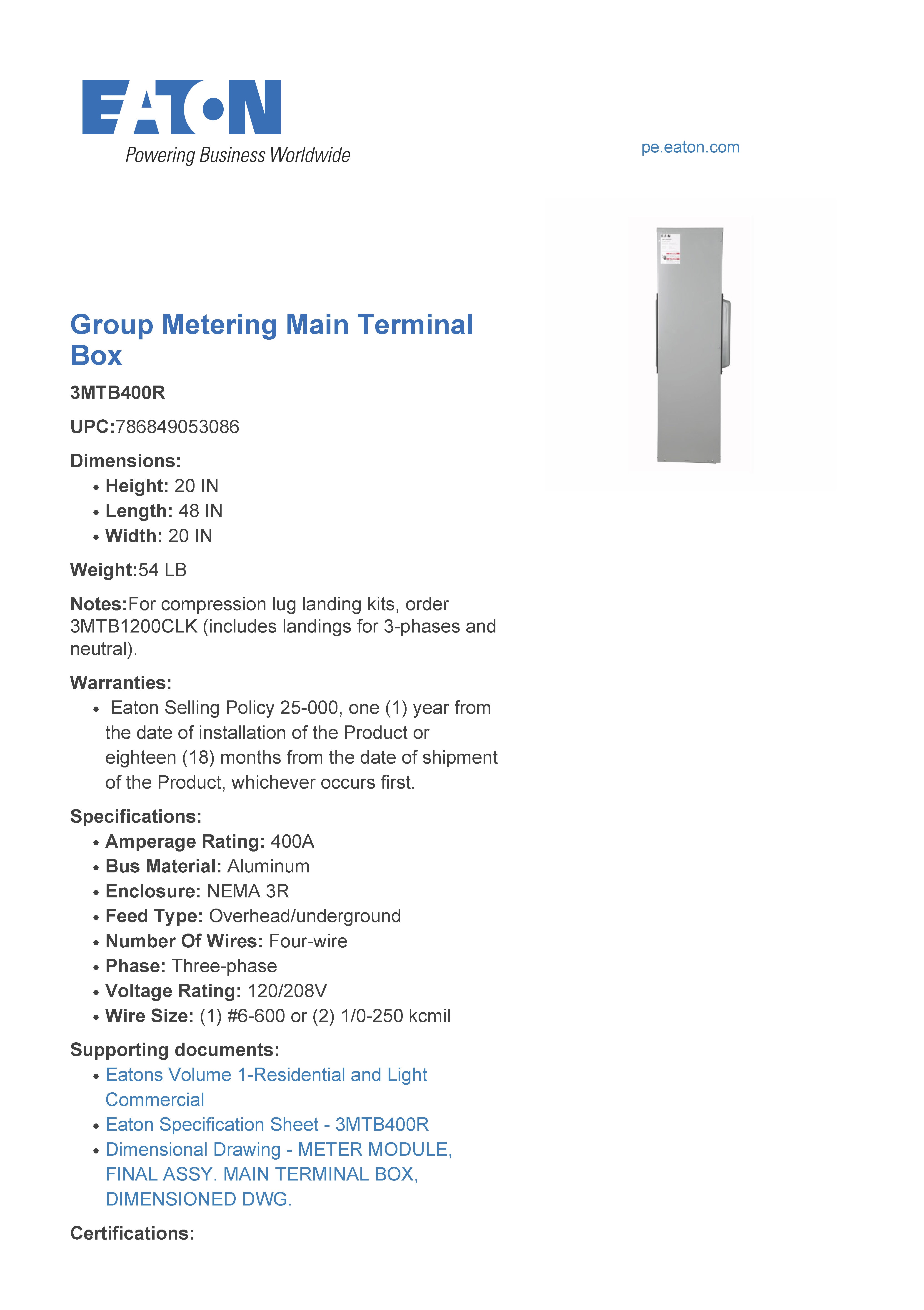 Eaton 3MTB400R 400A 3PH Main Tap Box