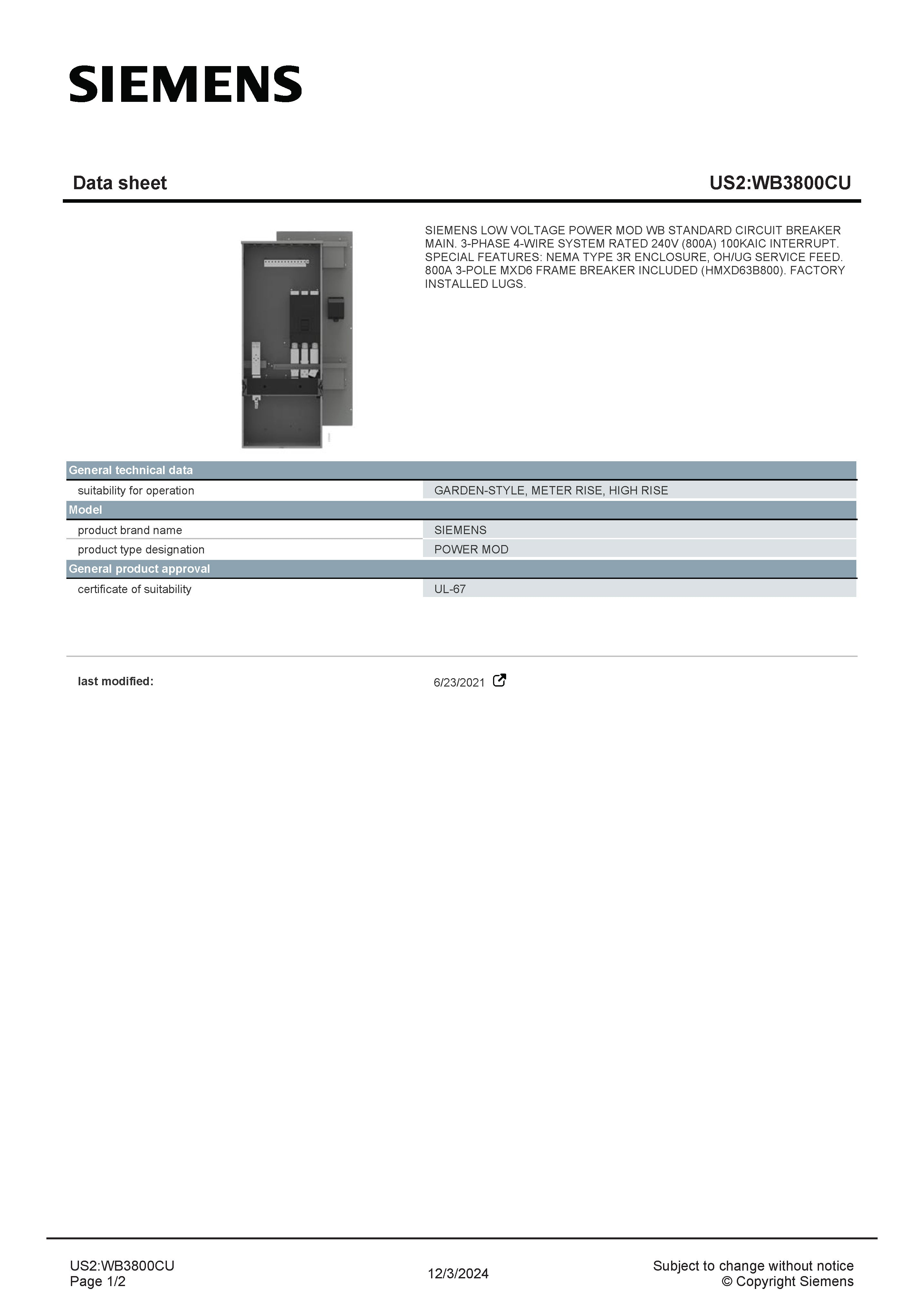 Siemens WB3800CU 3 Phase 800 Amp Main Circuit Breaker Disconnect