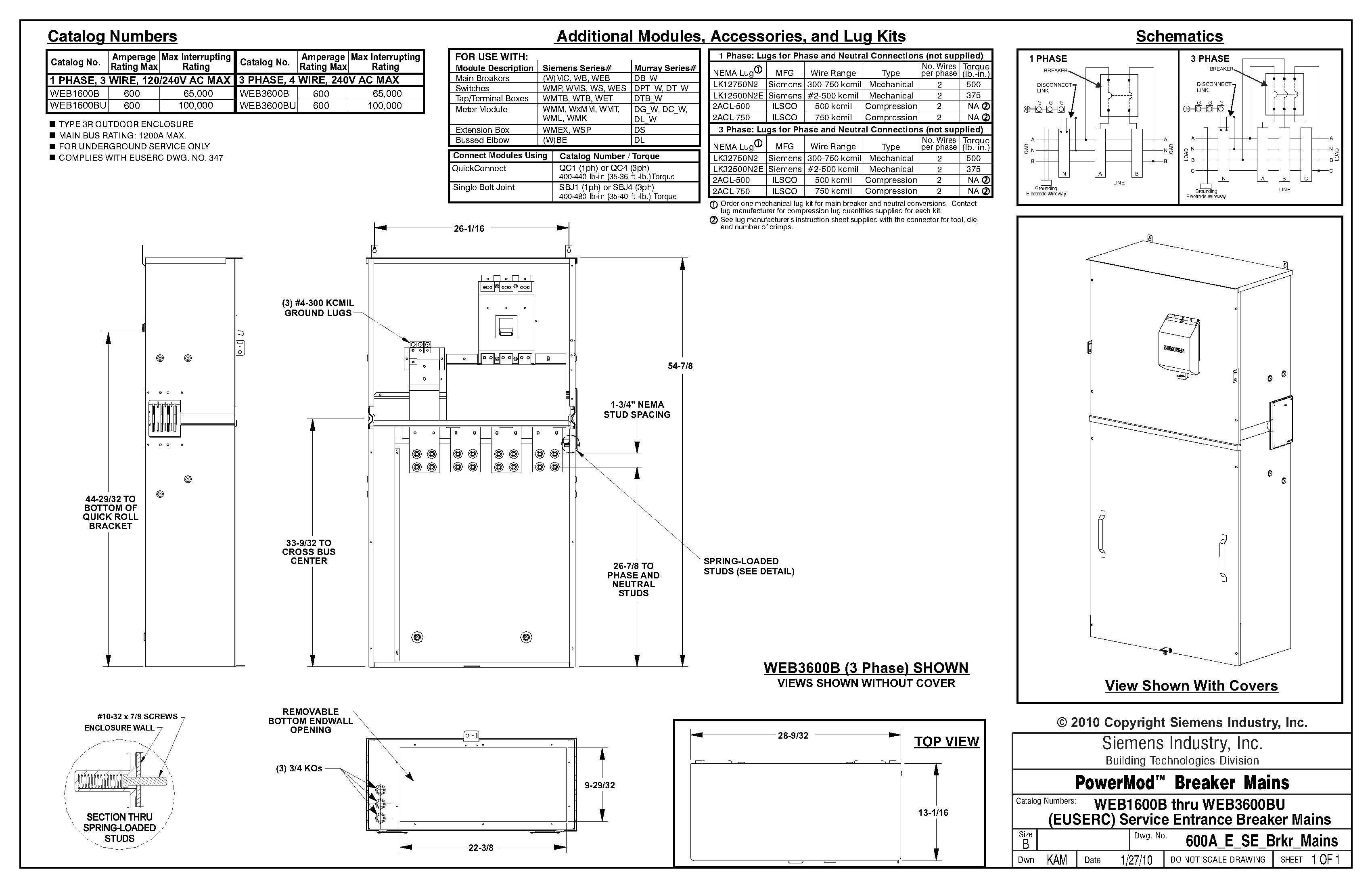 Siemens WEB3600B 3 Phase 600 Amp EUSERC Main Circuit Breaker Disconnect