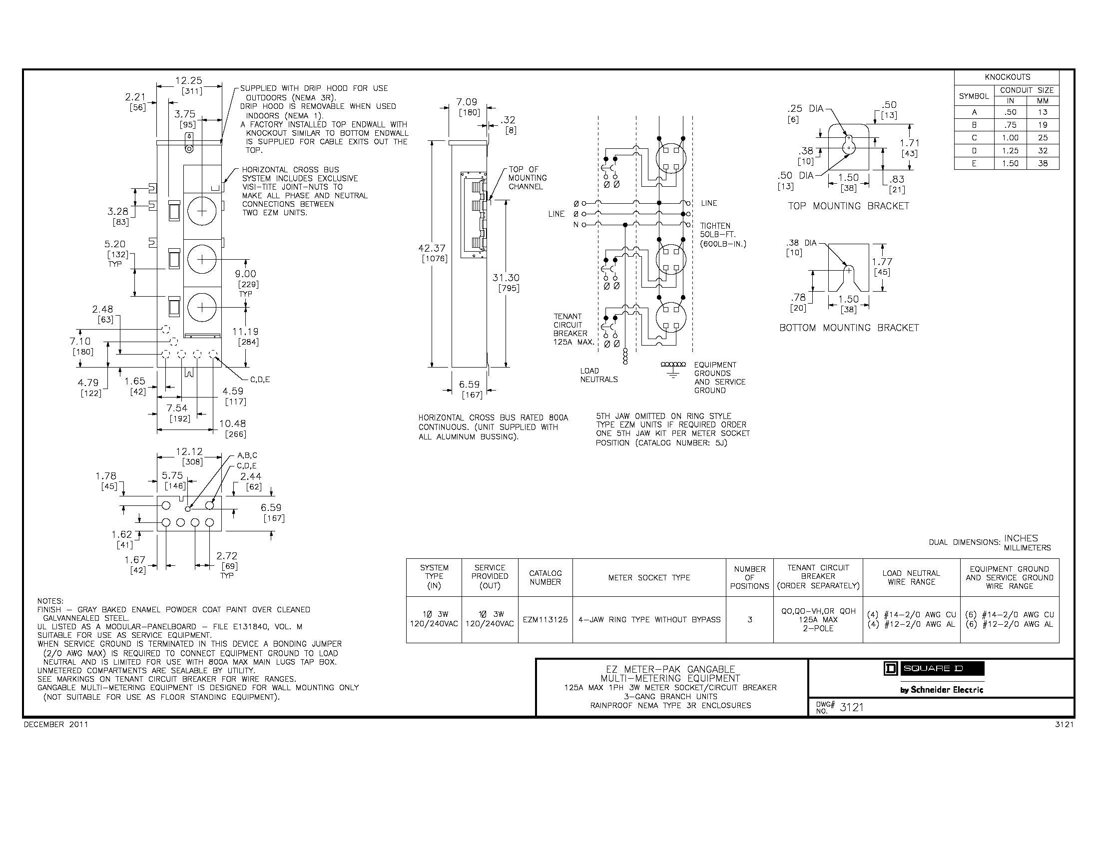 Square D EZMR114125 Single Phase 4 Gang Meter Stack