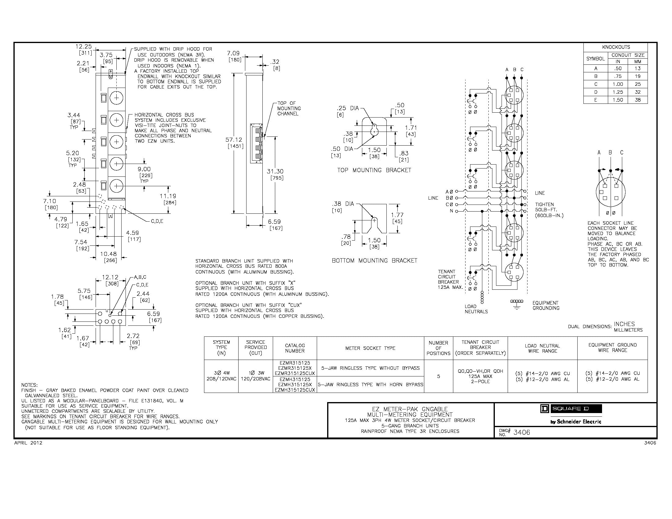 Square D EZMR315125CUX 3PH In / 1PH Out 5 Gang 125A Socket 1200A Copper Busbar Ringless Meter Stack