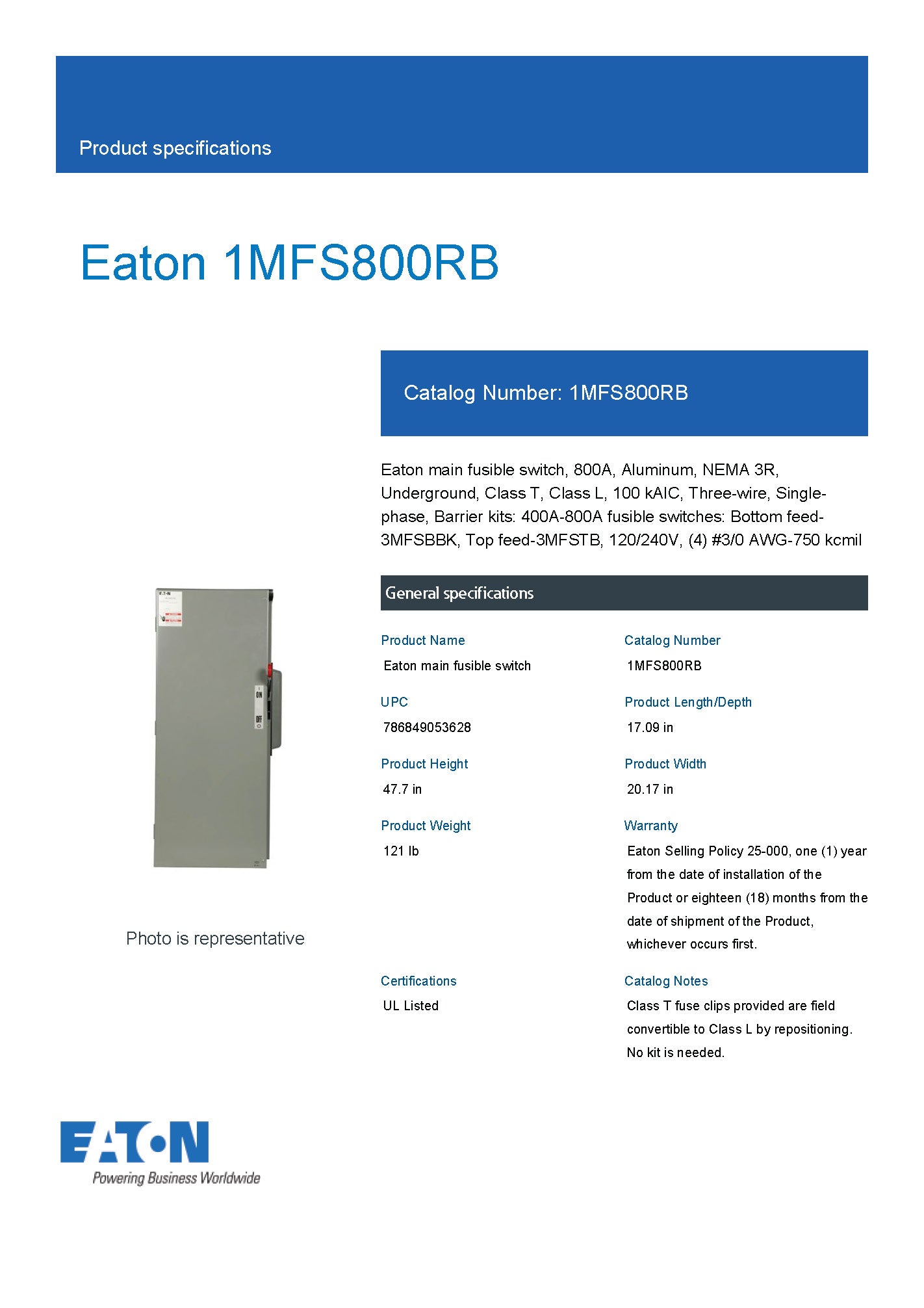 Eaton 1MFS800RB 800A Single Phase Main Fusible Switch Disconnect