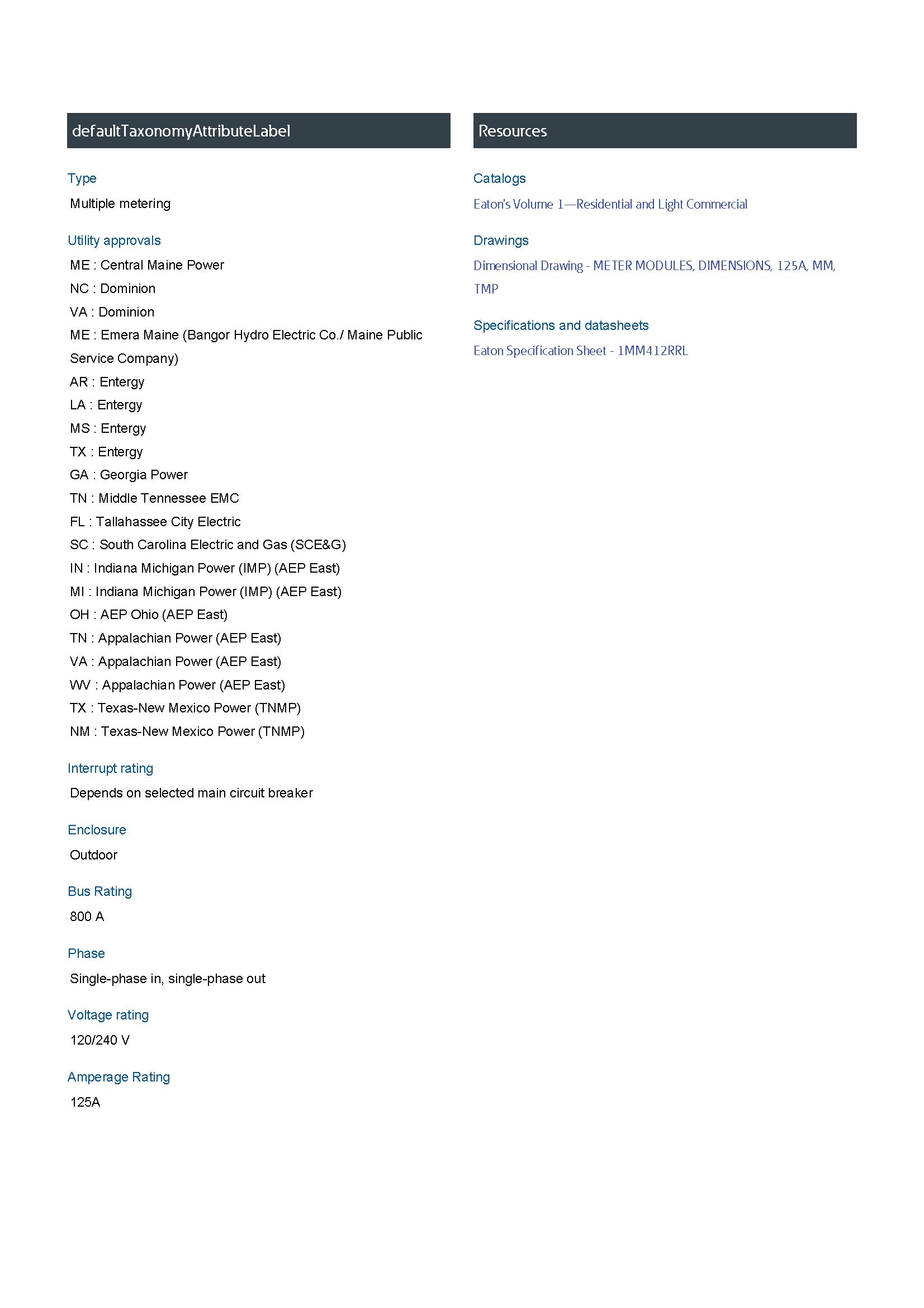 Eaton 1MM412RRL 1PH In /1PH Out 4 Gang 125A Socket Ringless Meter Stack