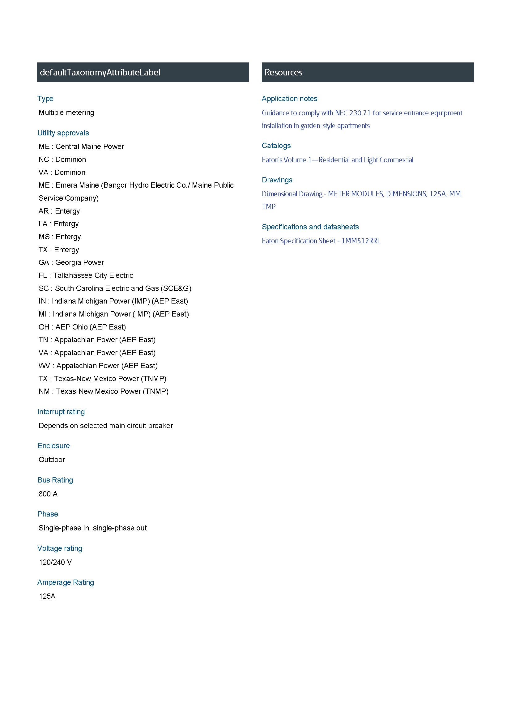 Eaton 1MM512RRL 1PH In / 1PH Out 5 Gang 125A Socket Ringless Meter Stack