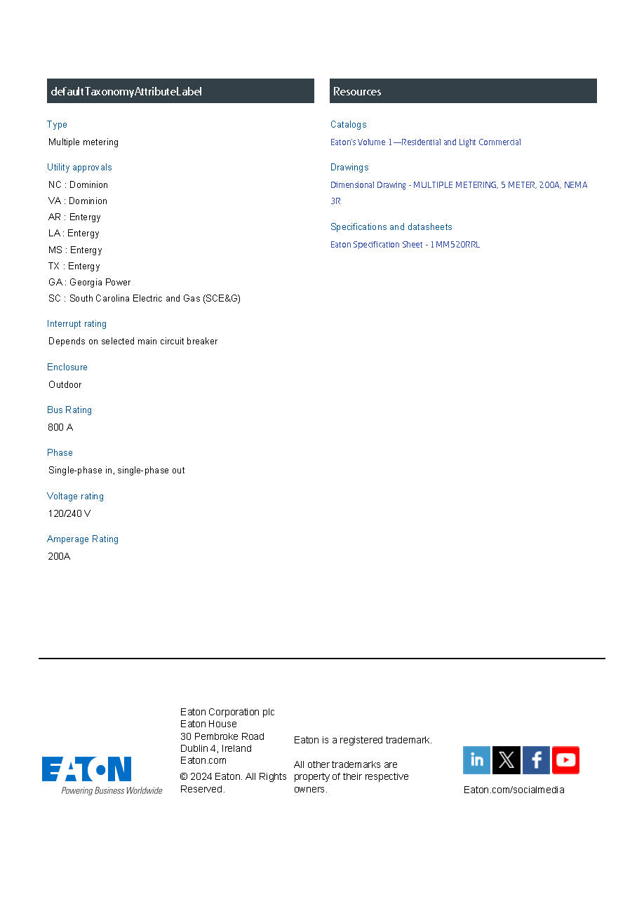 Eaton 1MM520RRL Single Phase 5-Gang 200A Socket Ringless Meter Stack