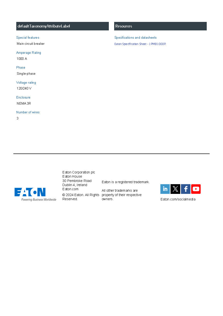 Eaton 1PMB1000R 1000A Single Phase Main Disconnect With Arcflash Reduction Maintenance System
