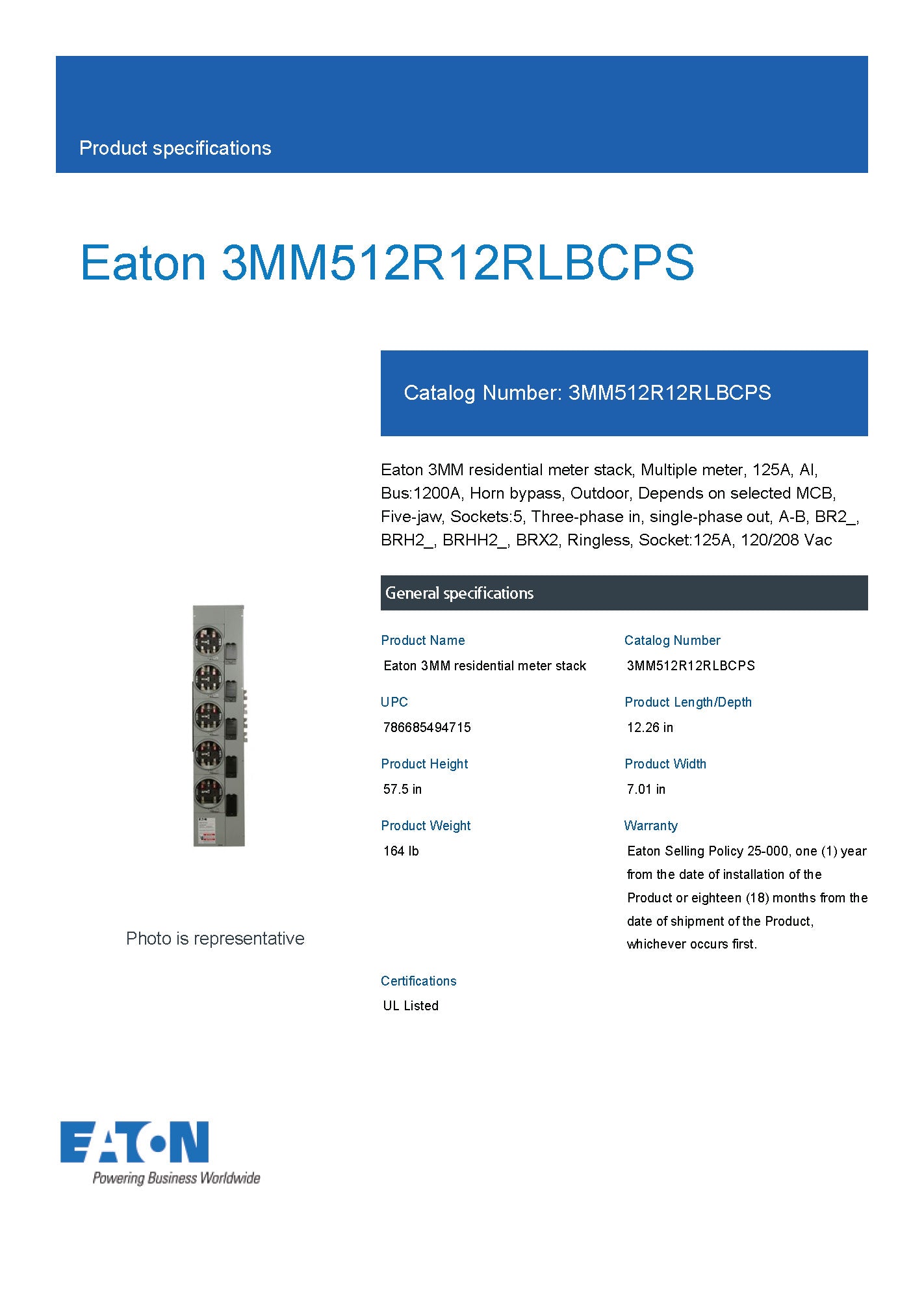 Eaton 3MM512R12RLBCPS (3MM512R12RLB) 3PH In / 1PH Out 5 Gang 1200A Copper Busbar 125A Socket Ringless Horn Bypass CPS Approved Meter Stack