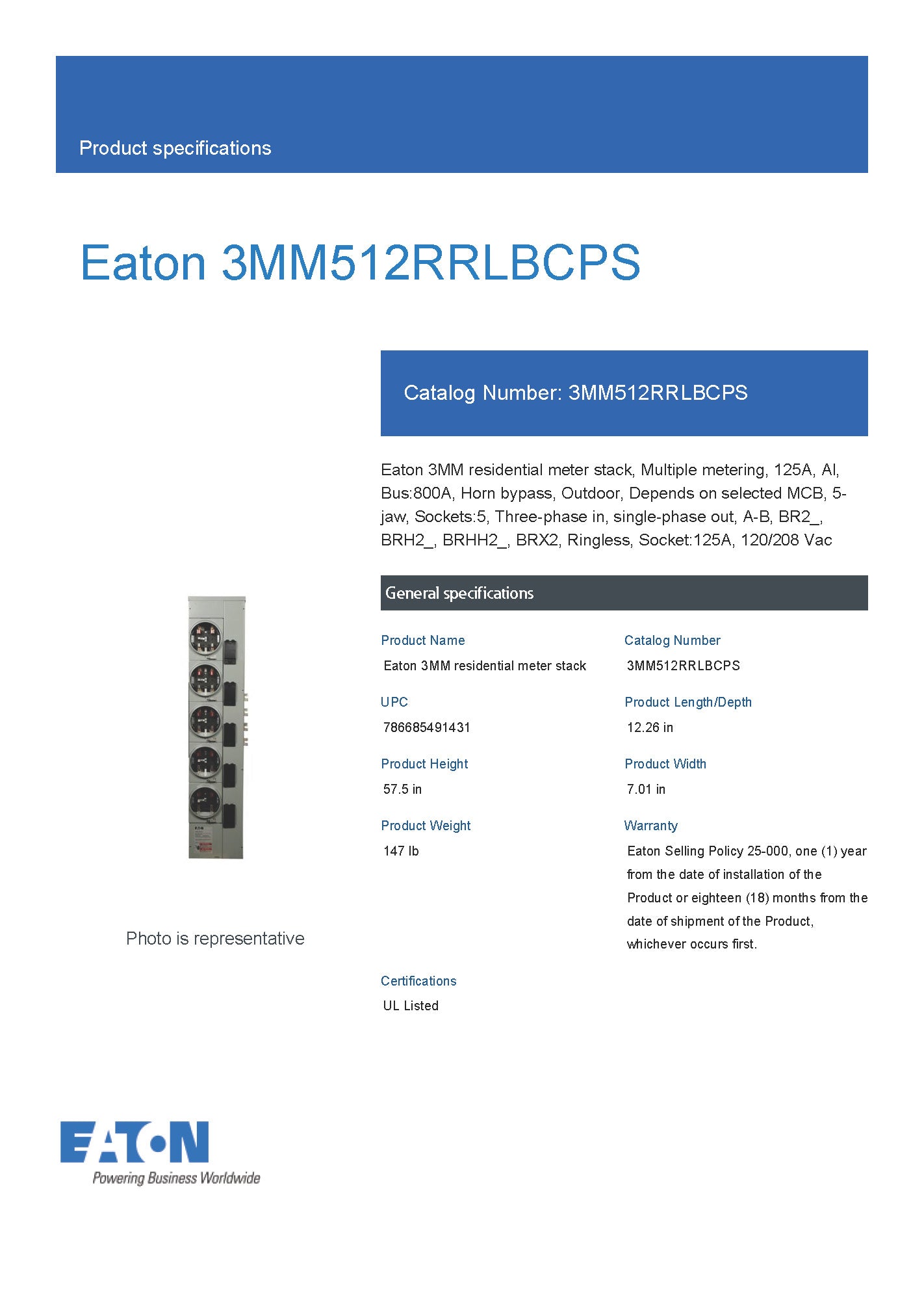 Eaton 3MM512RRLBCPS (3MM512RRLB) 3PH In / 1PH Out 5-Gang 125A Socket Ringless Horn Bypass CPS Approved Meter Stack