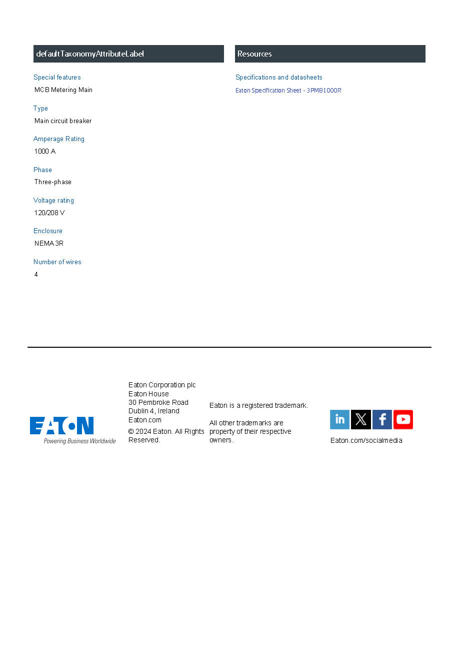 Eaton 3PMB1000R 3 Phase 1000A Main Disconnect w/ARMS Maintenance Mode