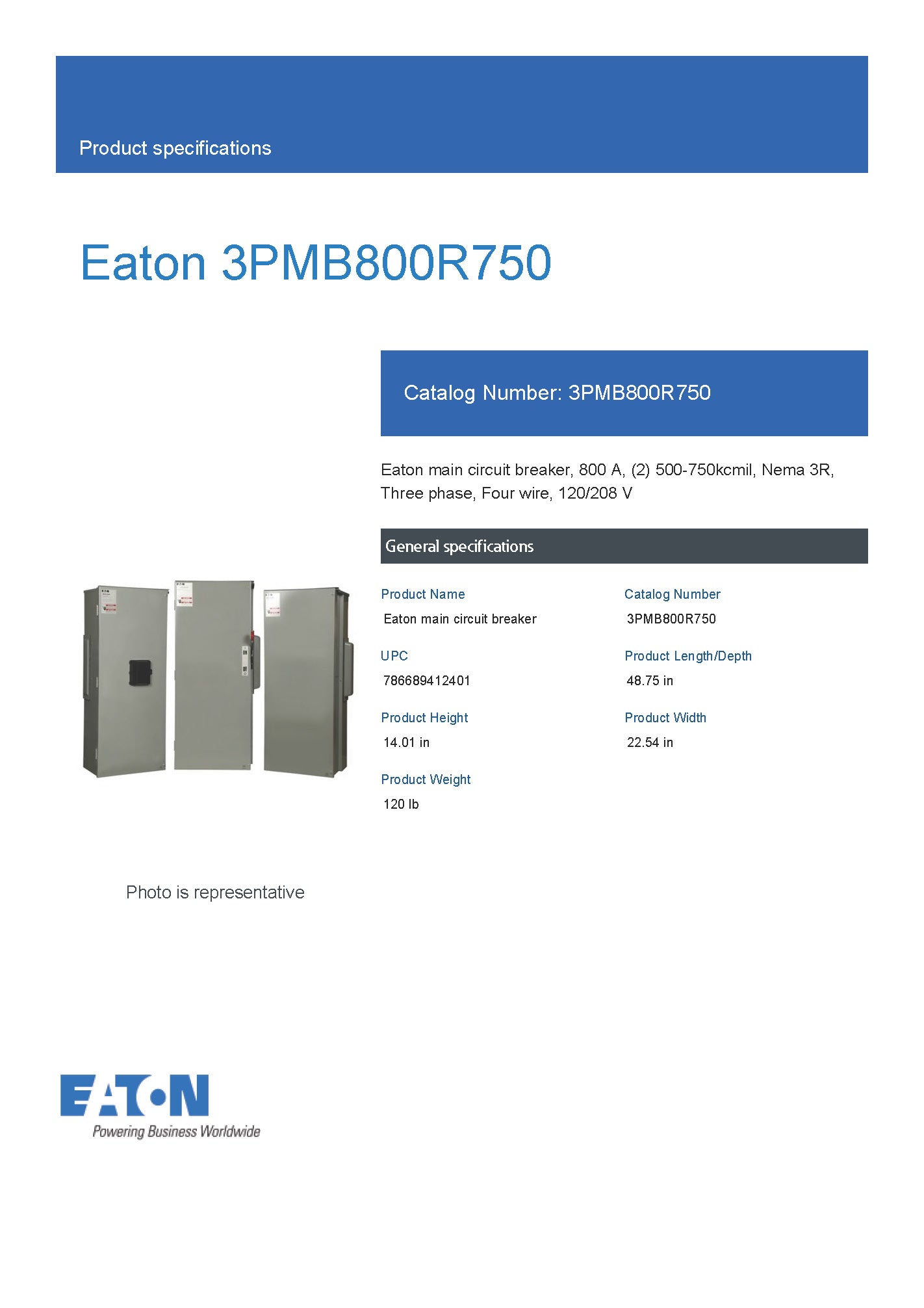 Eaton 3PMB800R750 (Similar to 3PMB800R) 3 Phase 800A Main Circuit Breaker Disconnect