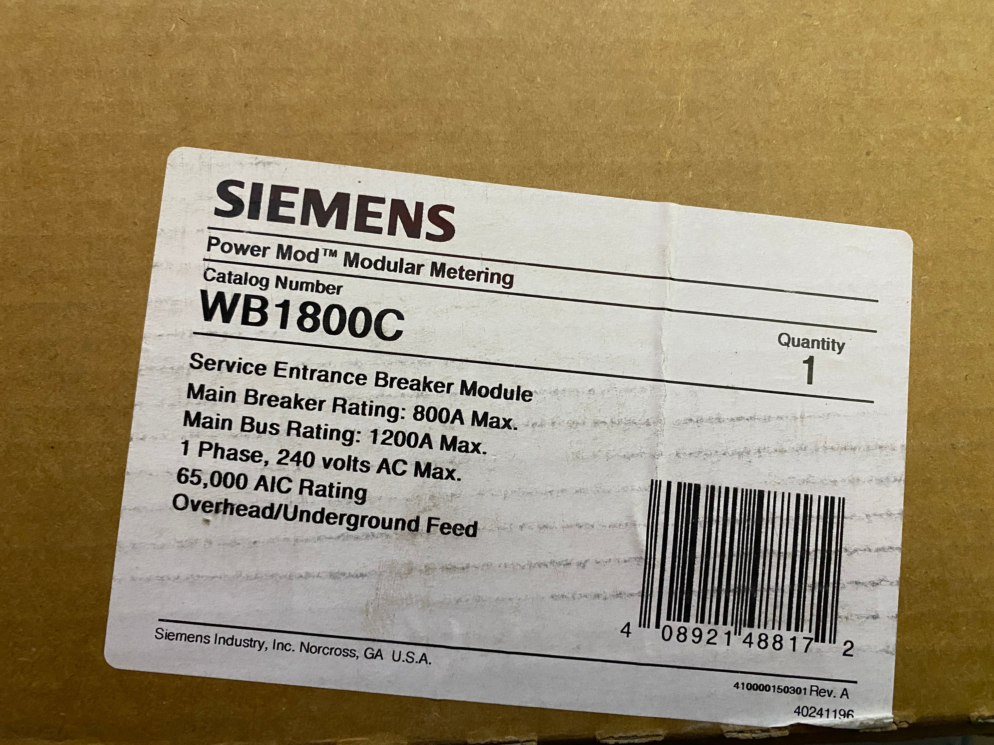 Siemens WB1800C Single Phase 800 Amp Main Circuit Breaker Disconnect