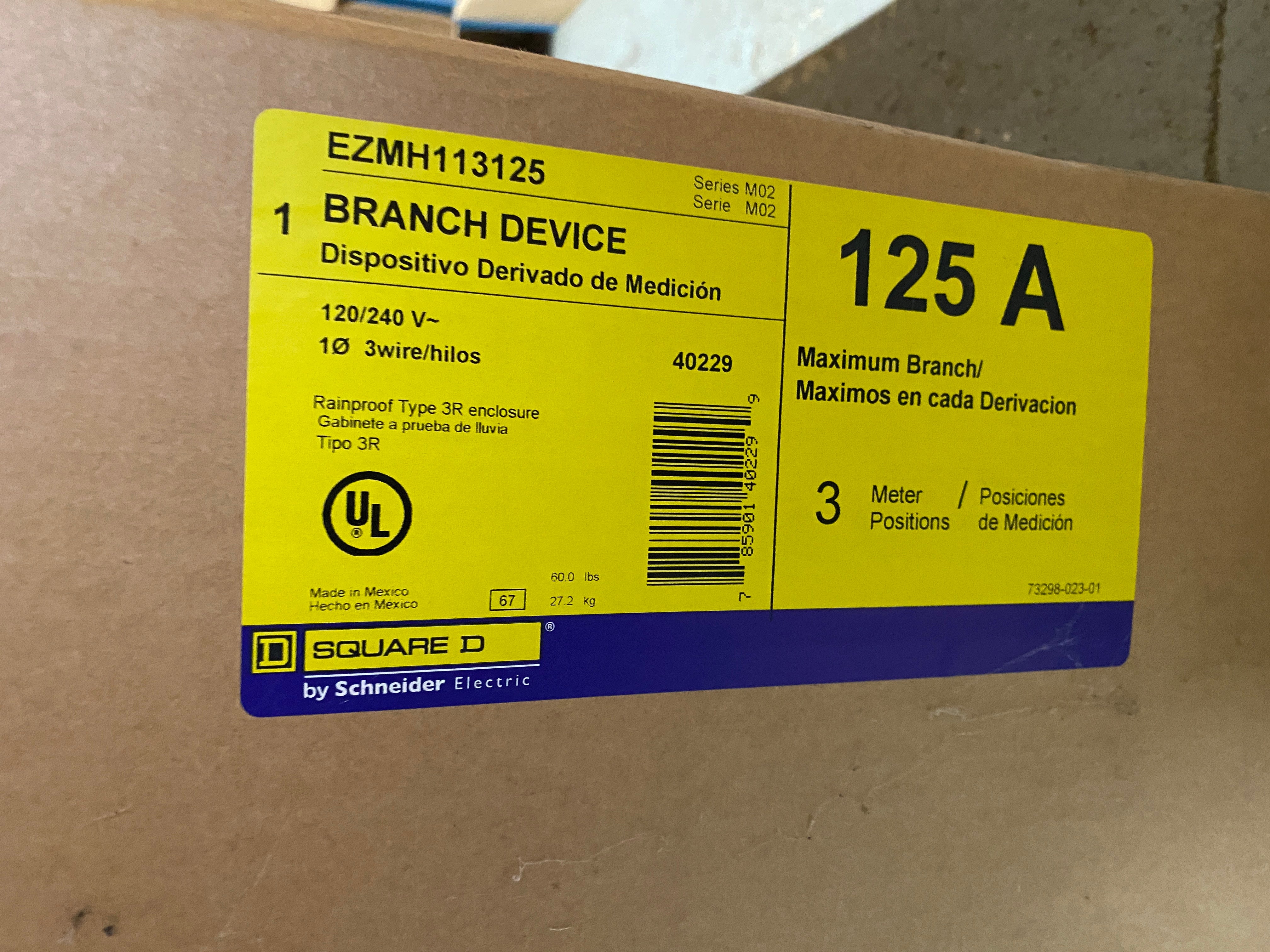 Square D EZMH113125 1PH In / 1PH Out 3 Gang 125A Socket Ringless Horn Bypass Meter Stack