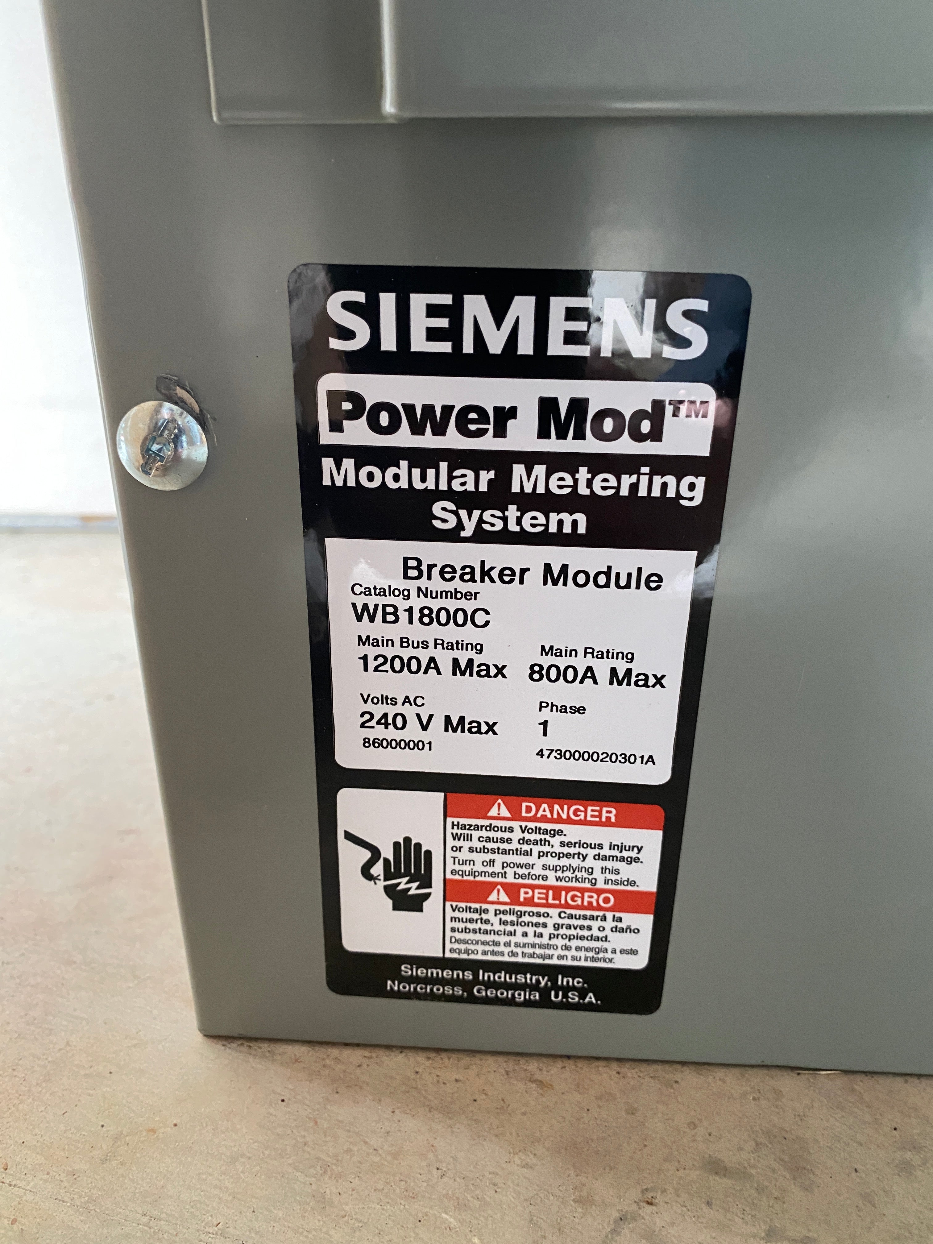 Siemens WB1800C Single Phase 800 Amp Main Circuit Breaker Disconnect