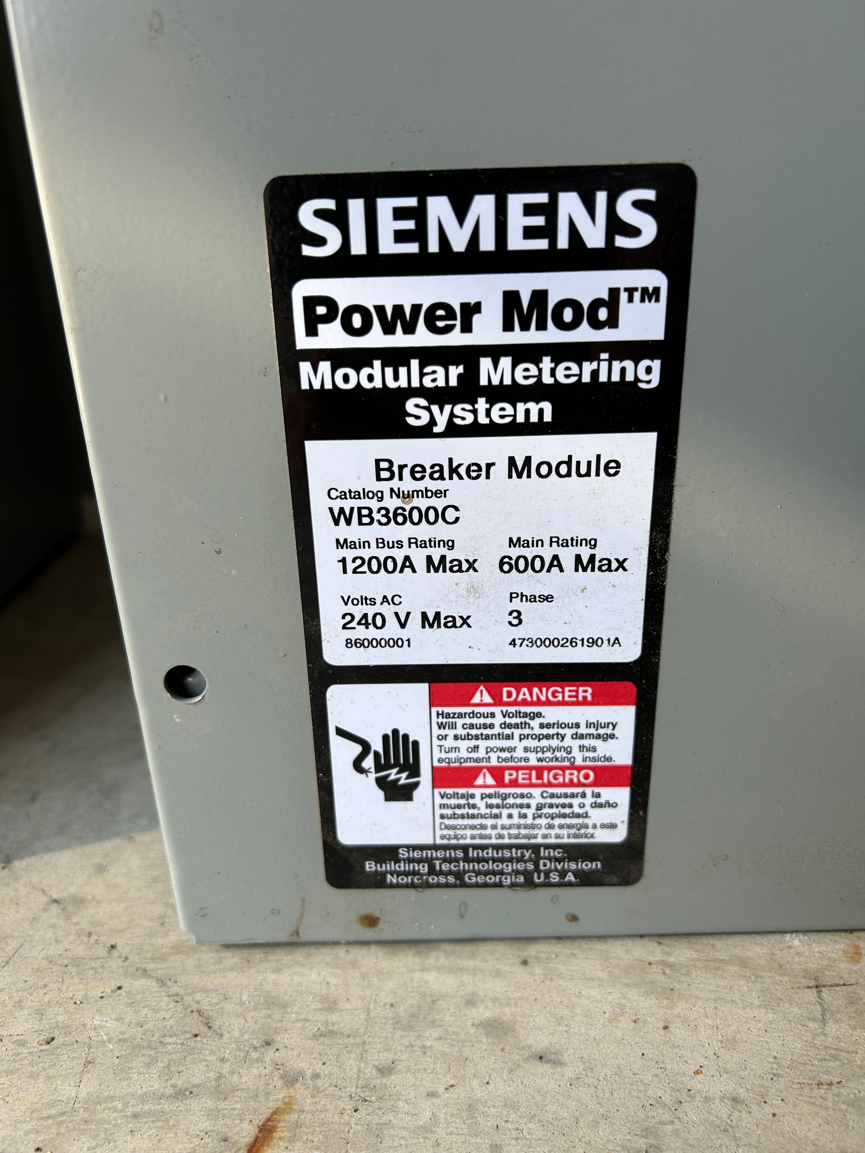 Siemens WB3600C 3 Phase 600 Amp Main Circuit Breaker Disconnect