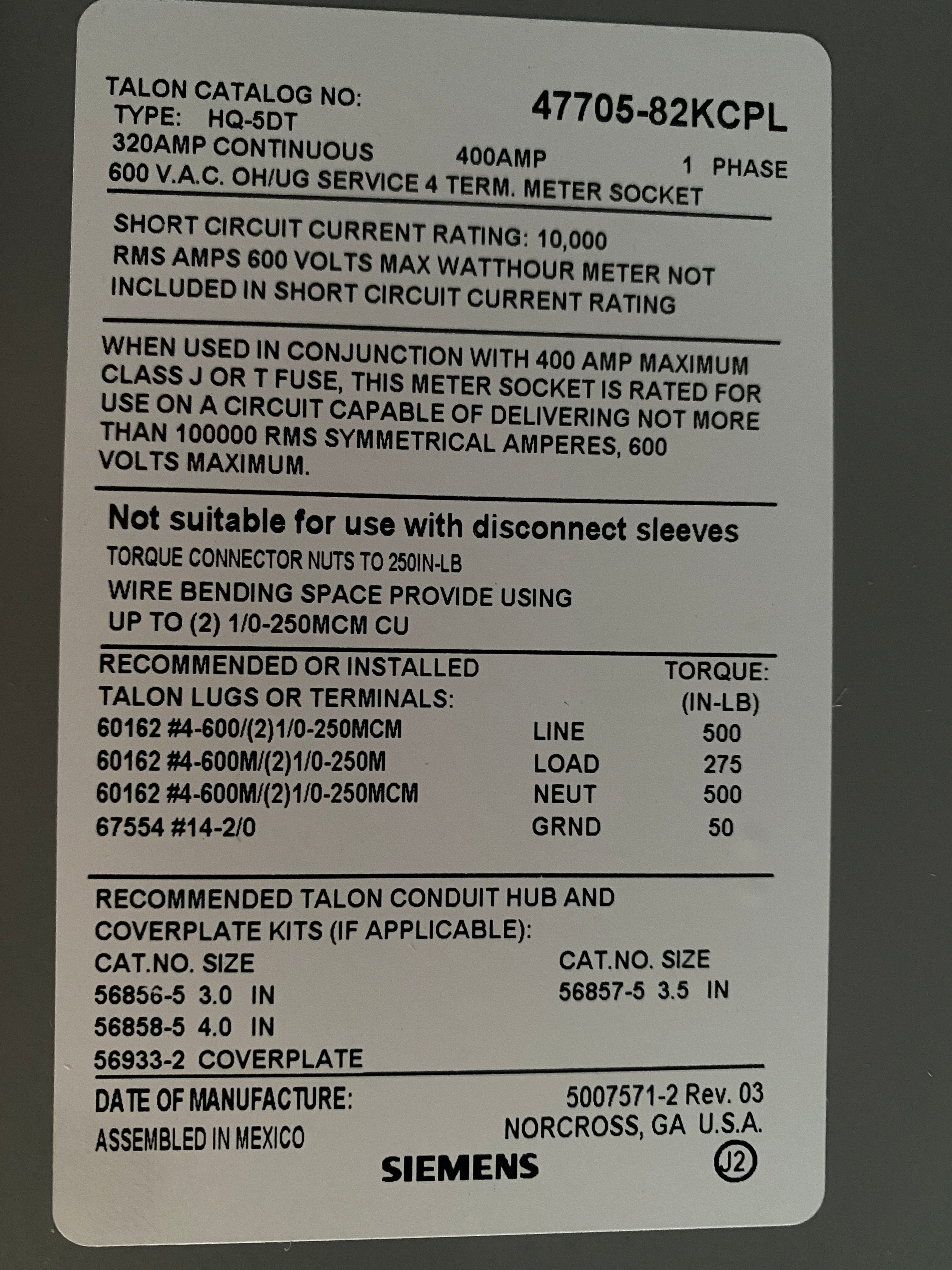 Siemens 47705-82KCPL 320A Meter Socket