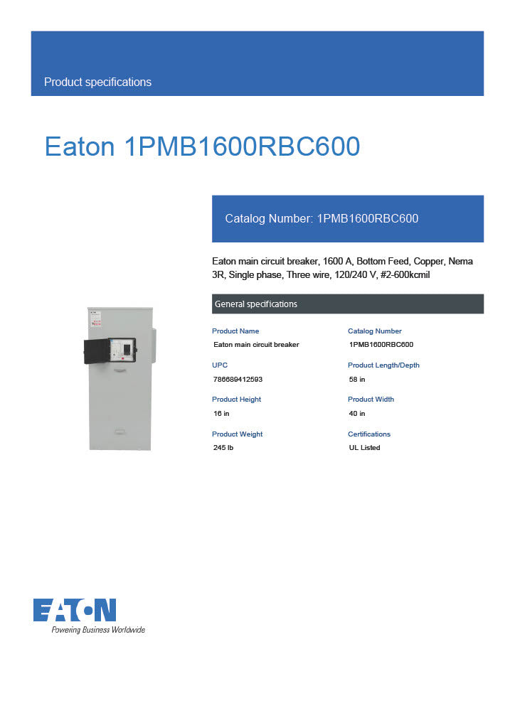 Eaton 1PMB1600RBC600 Single Phase 1600A ARMS Maintenance Mode 100kAIC Main Disconnect