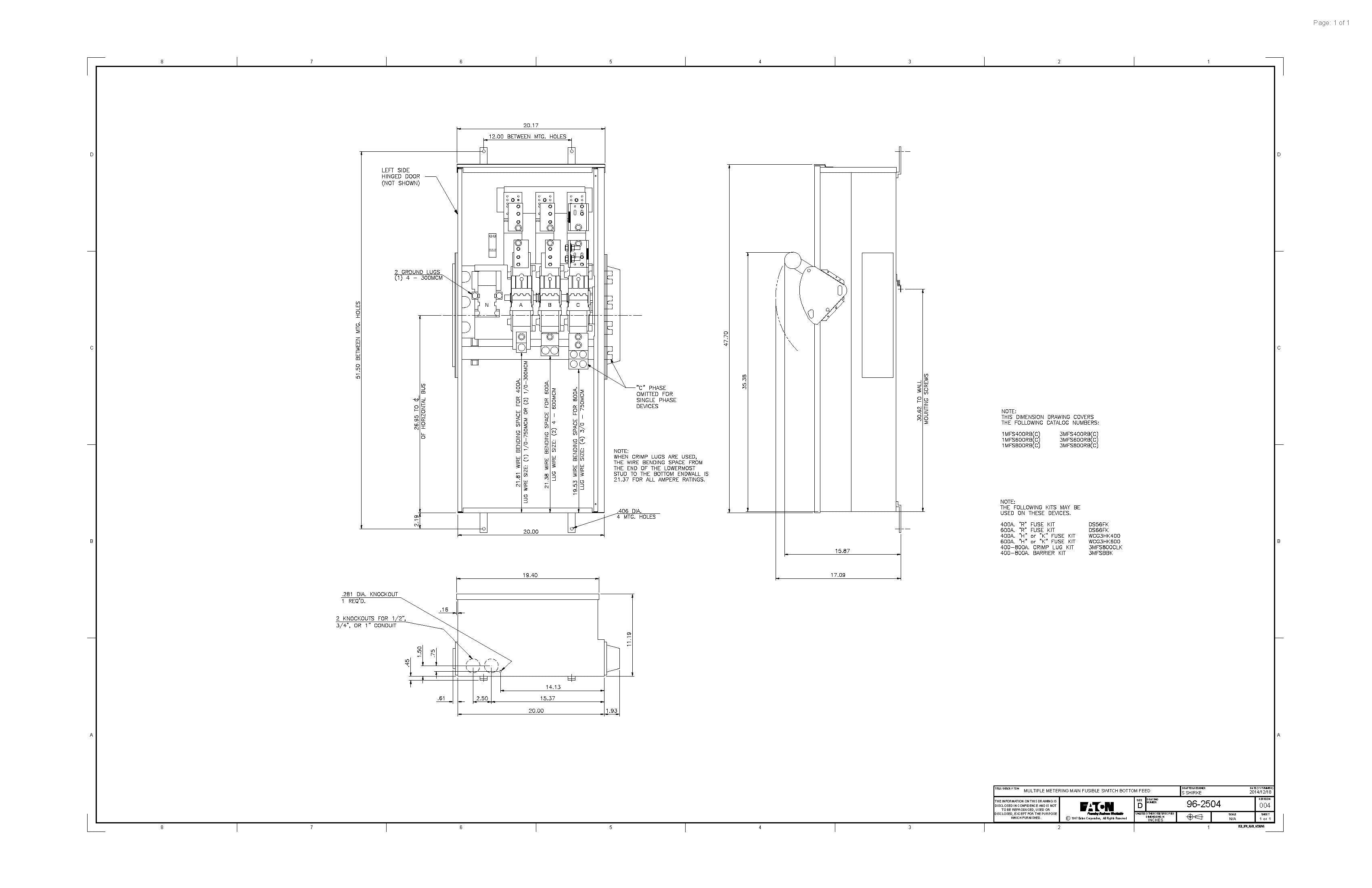 Eaton 1MFS800RB 800A Single Phase Main Fusible Switch Disconnect