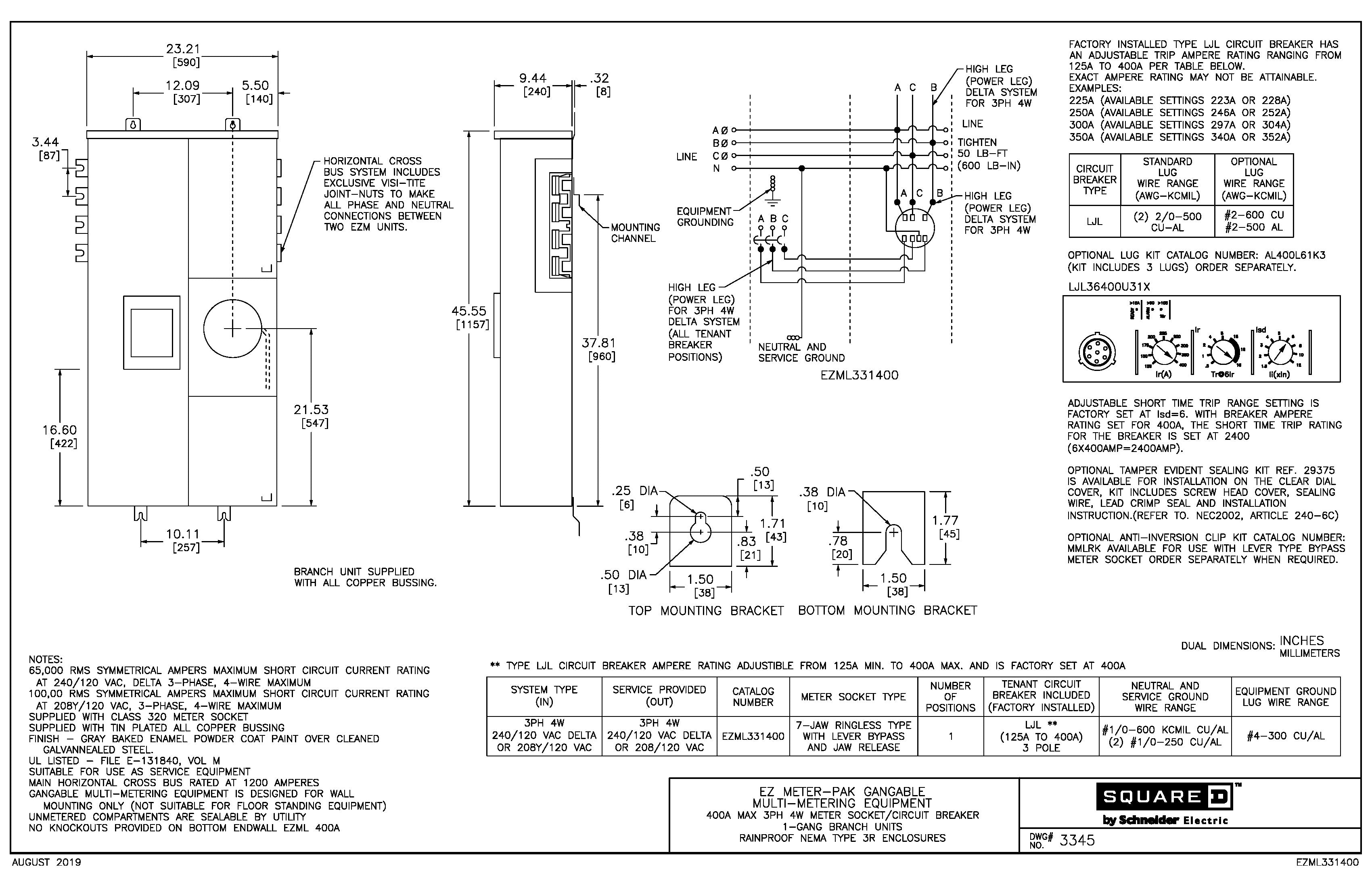 Square D EZML331400 3PH In / 3PH Out 1 Gang Ringless Lever Bypass 400A Factory Installed Breaker at Each Socket Meter Stack