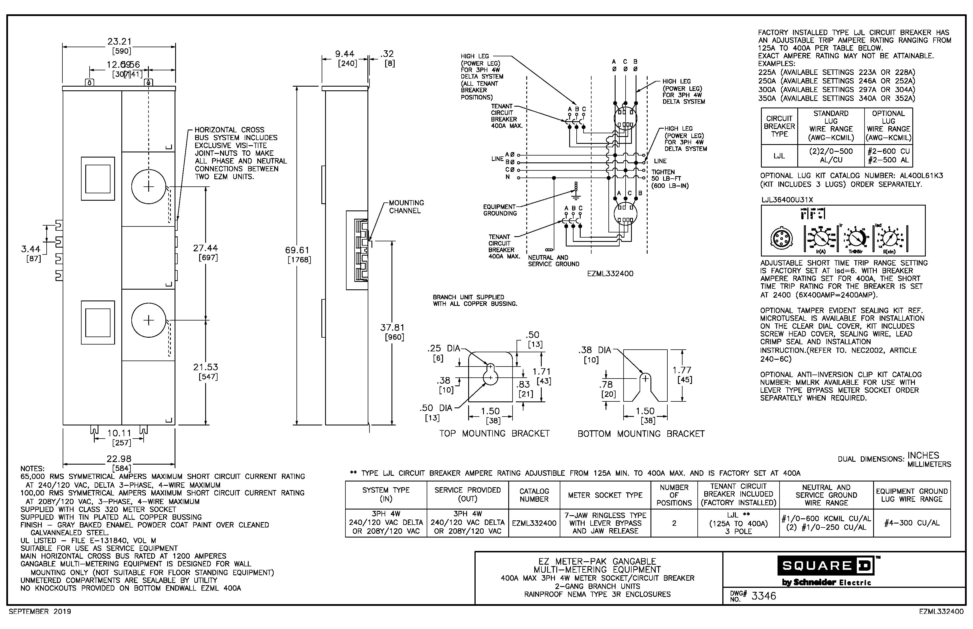 Square D EZML332400 3PH In / 3PH Out 2 Gang Ringless Lever Bypass 400A Factory Installed Breaker at Each Socket Meter Stack