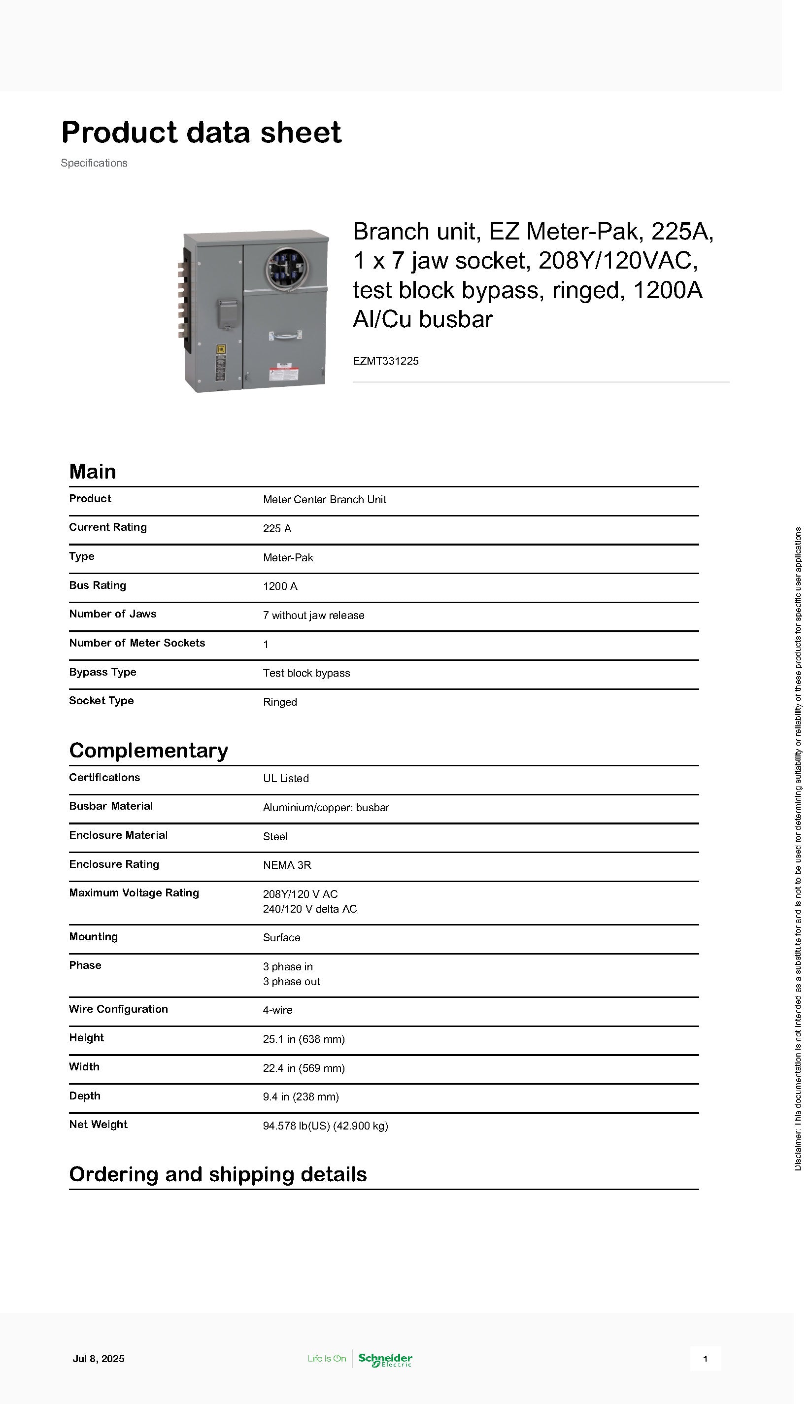 Square D EZMT331225 3PH In / 3PH Out 1 Gang Ring Type Test Block Bypass 225A Socket 1200A Copper Busbar Meter Stack