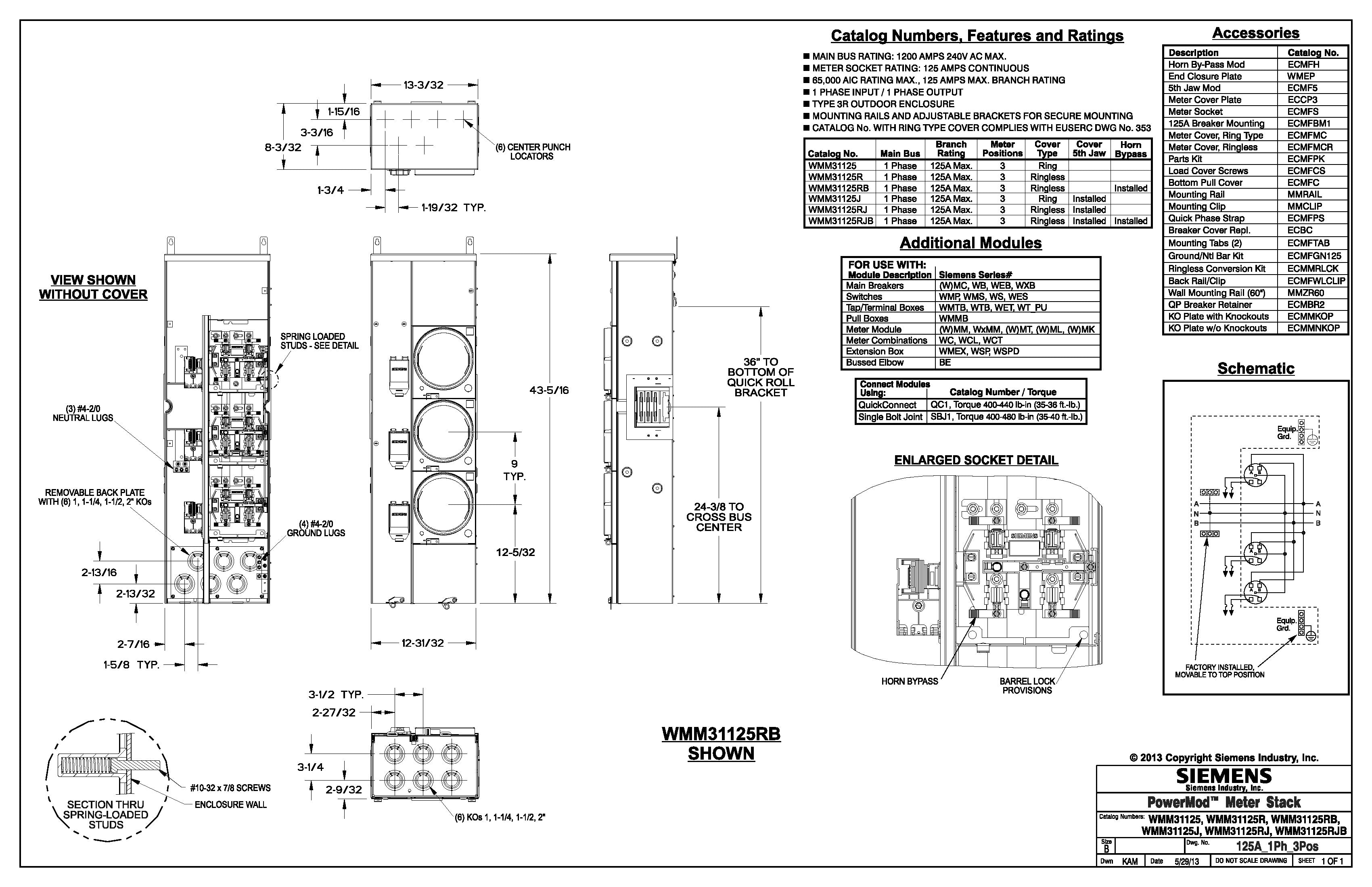 Siemens WMM32125J 3PH In / 1PH Out 3 Gang 125A Socket Ring Type Meter Stack