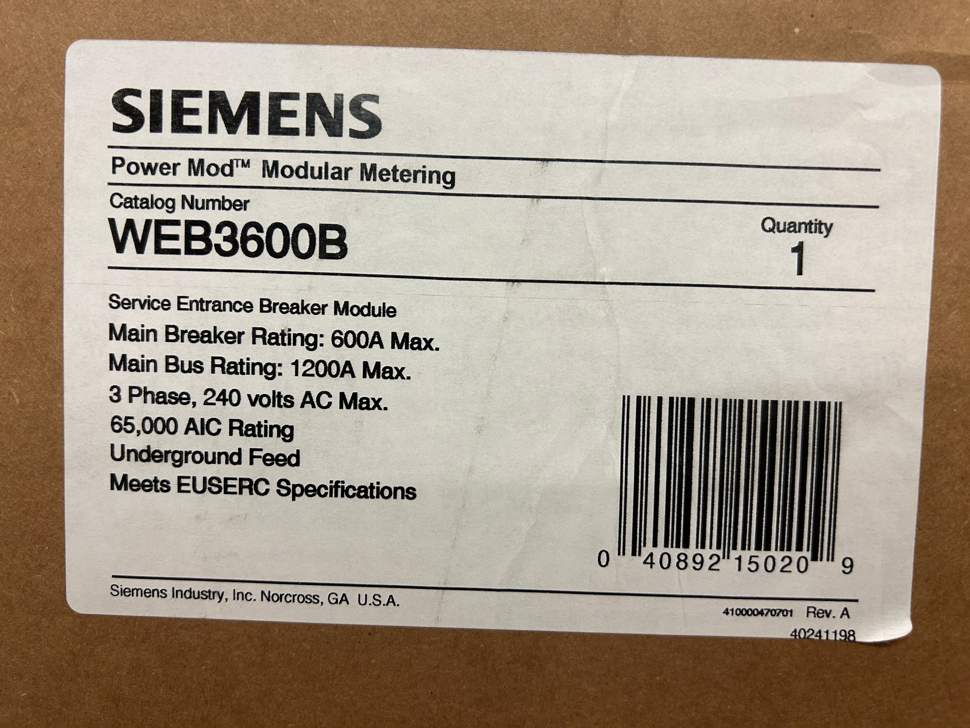 Siemens WEB3600B 3 Phase 600 Amp EUSERC Main Circuit Breaker Disconnect