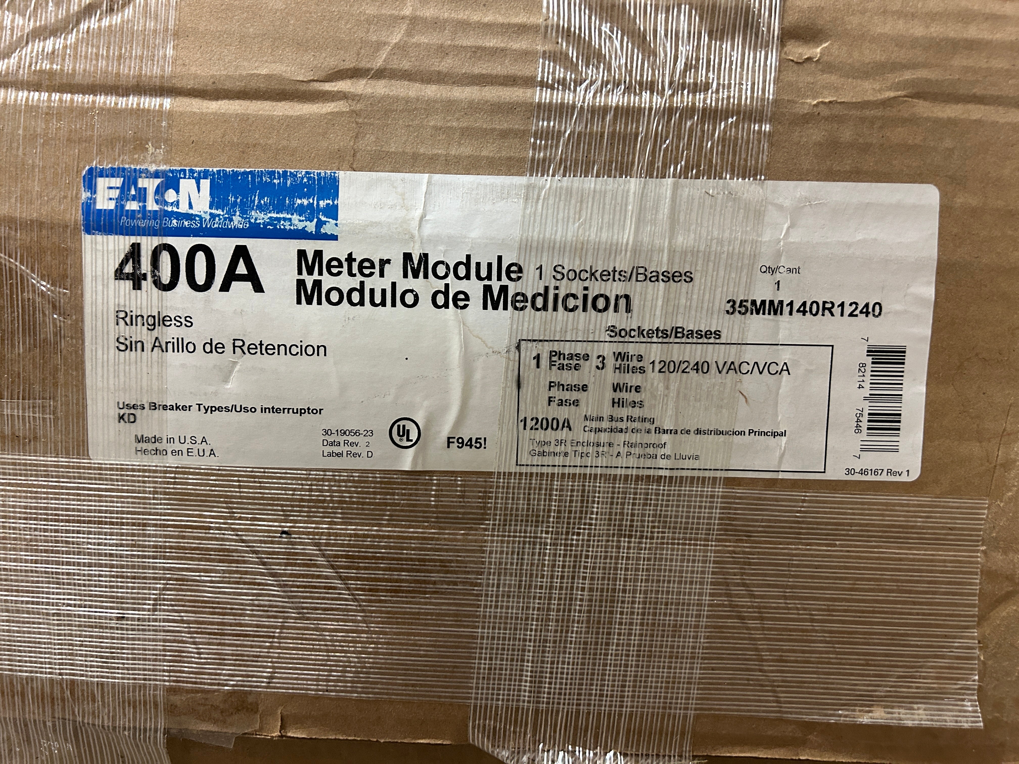 Eaton 35MM140R1240 3PH In / 1PH Out 1 Gang 400A Factory Installed Tenant Breaker Ringless Lever Bypass 1200A Bus Meter Stack