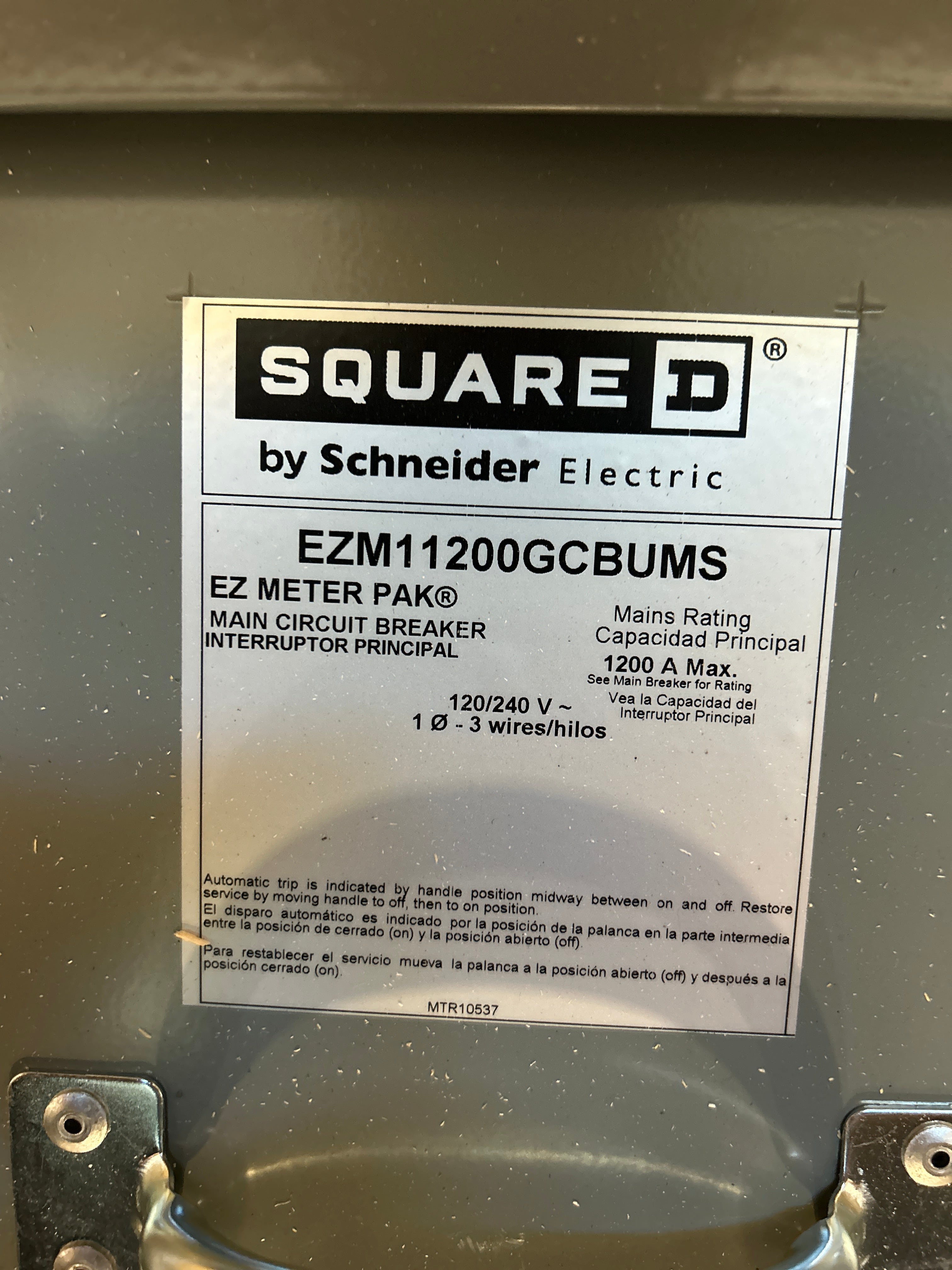 Square D EZM11200GCBUMS EUSERC Rated 1PH 1200A Main Disconnect w/Energy Reduction Maintenance Switch
