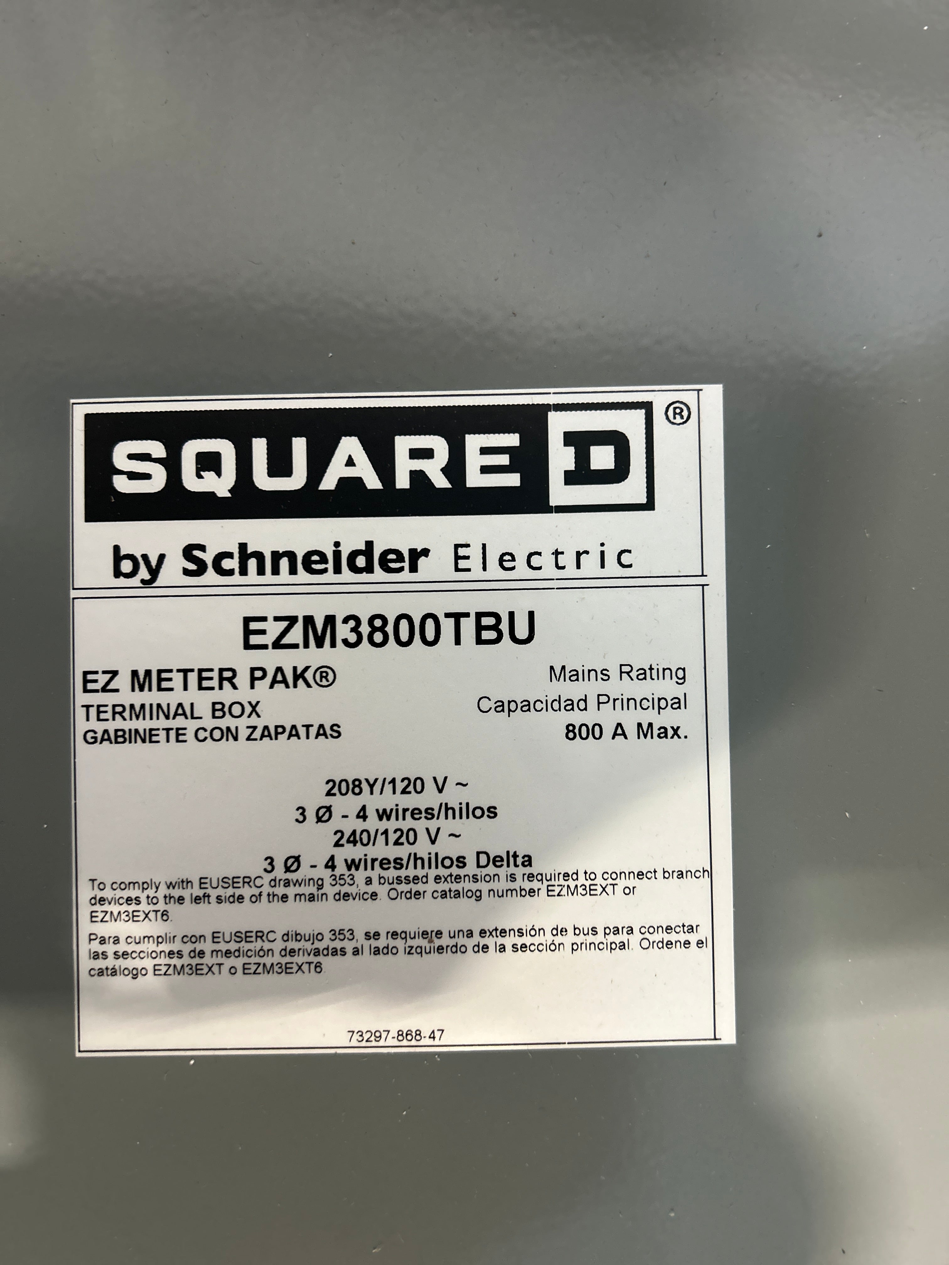 Square D EZM3800TBU 3 Phase 800A EUSERC Rated Main Tap Box